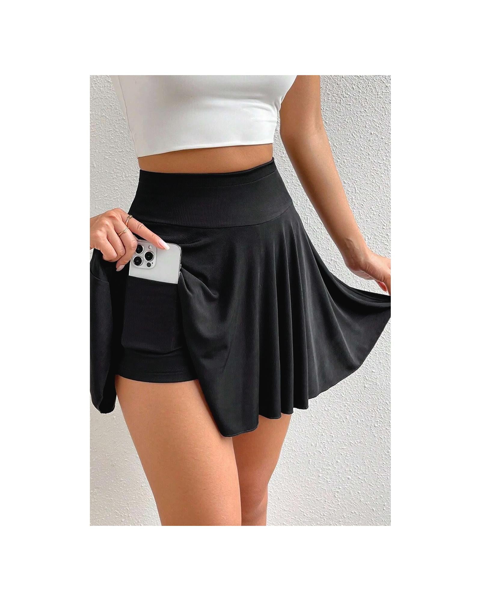 Black A-line Draped High Waist Phone Pocket Lined Skort - XL 3