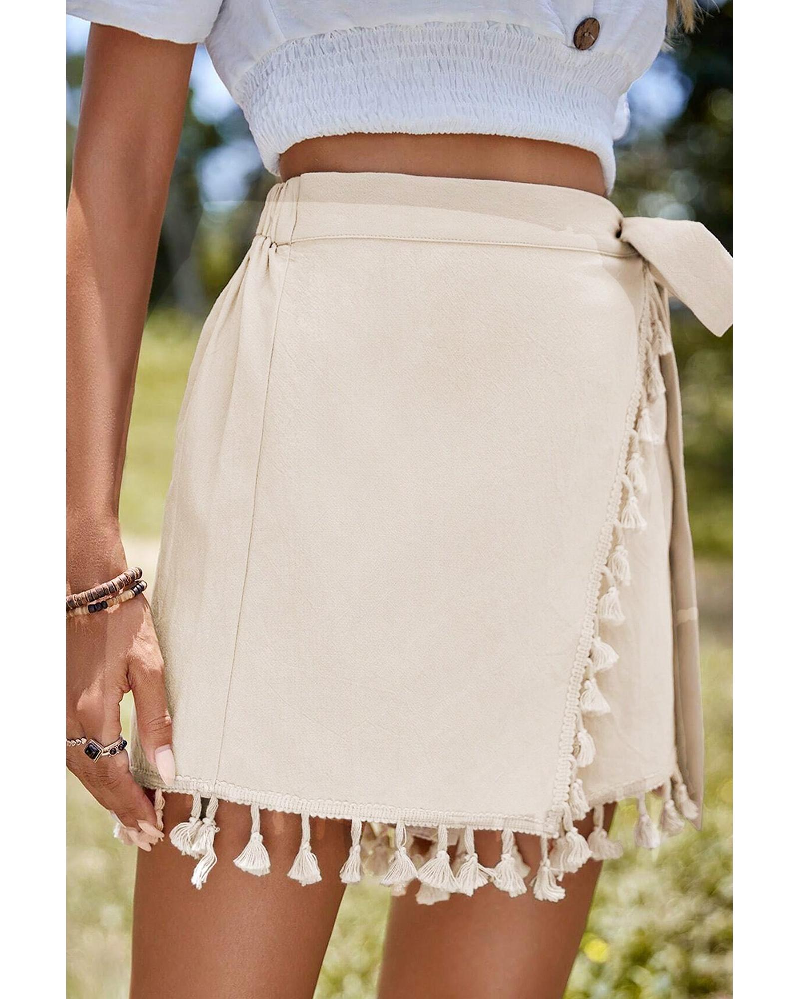 Apricot Tassel Trim Wrap Knot Side Bohemian Style Mini Skort - M 3