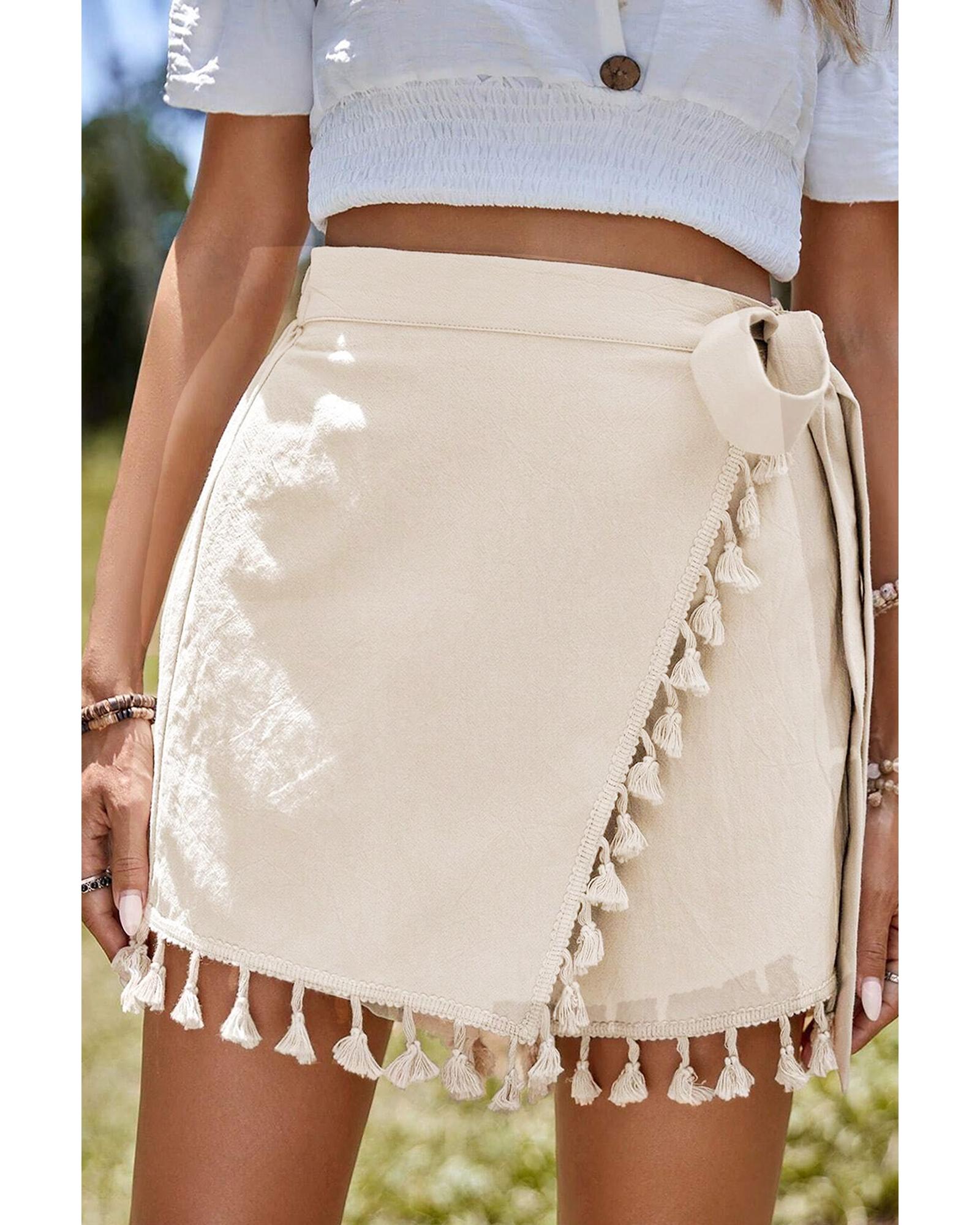 Apricot Tassel Trim Wrap Knot Side Bohemian Style Mini Skort - XL 4