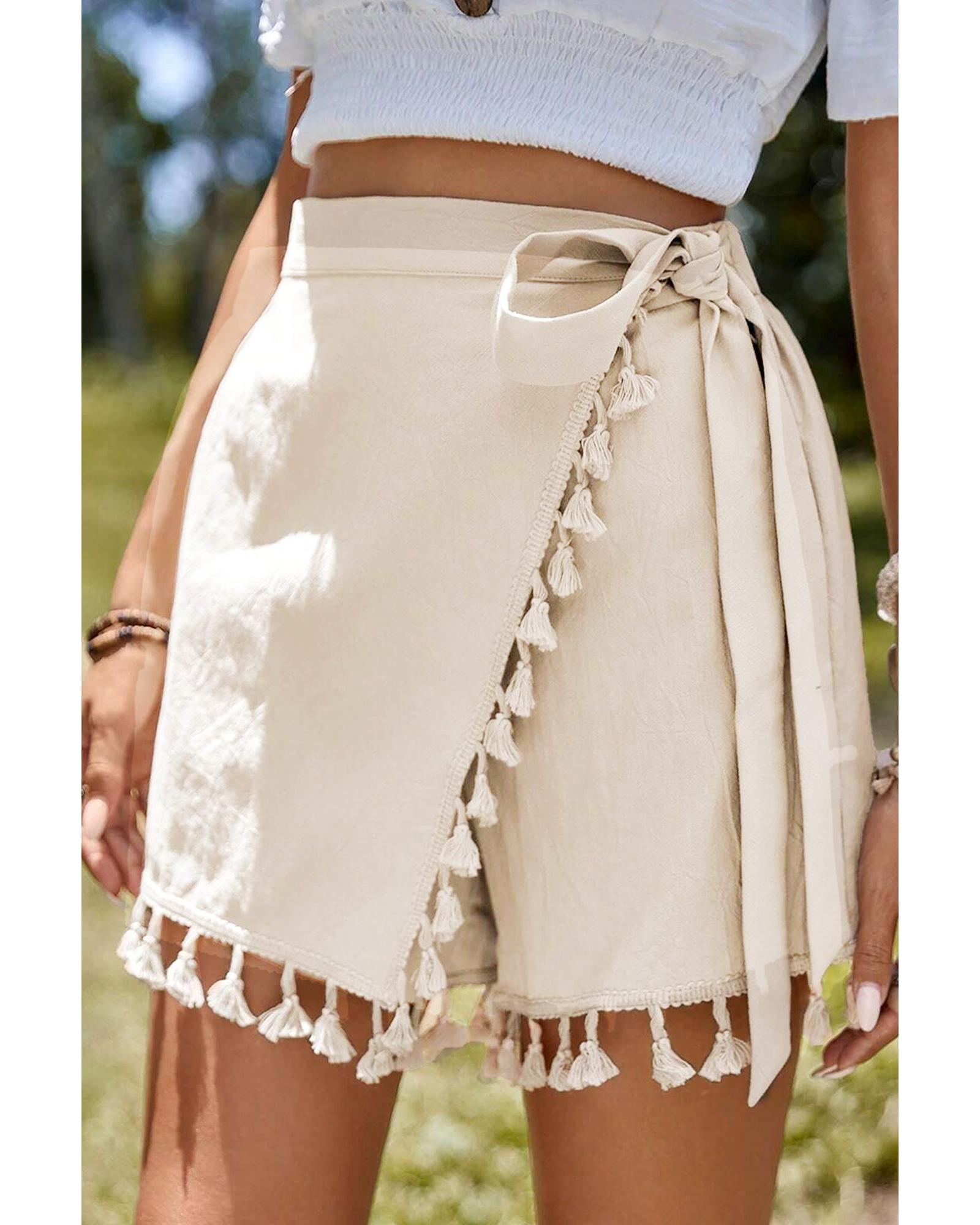 Apricot Tassel Trim Wrap Knot Side Bohemian Style Mini Skort - XL 5