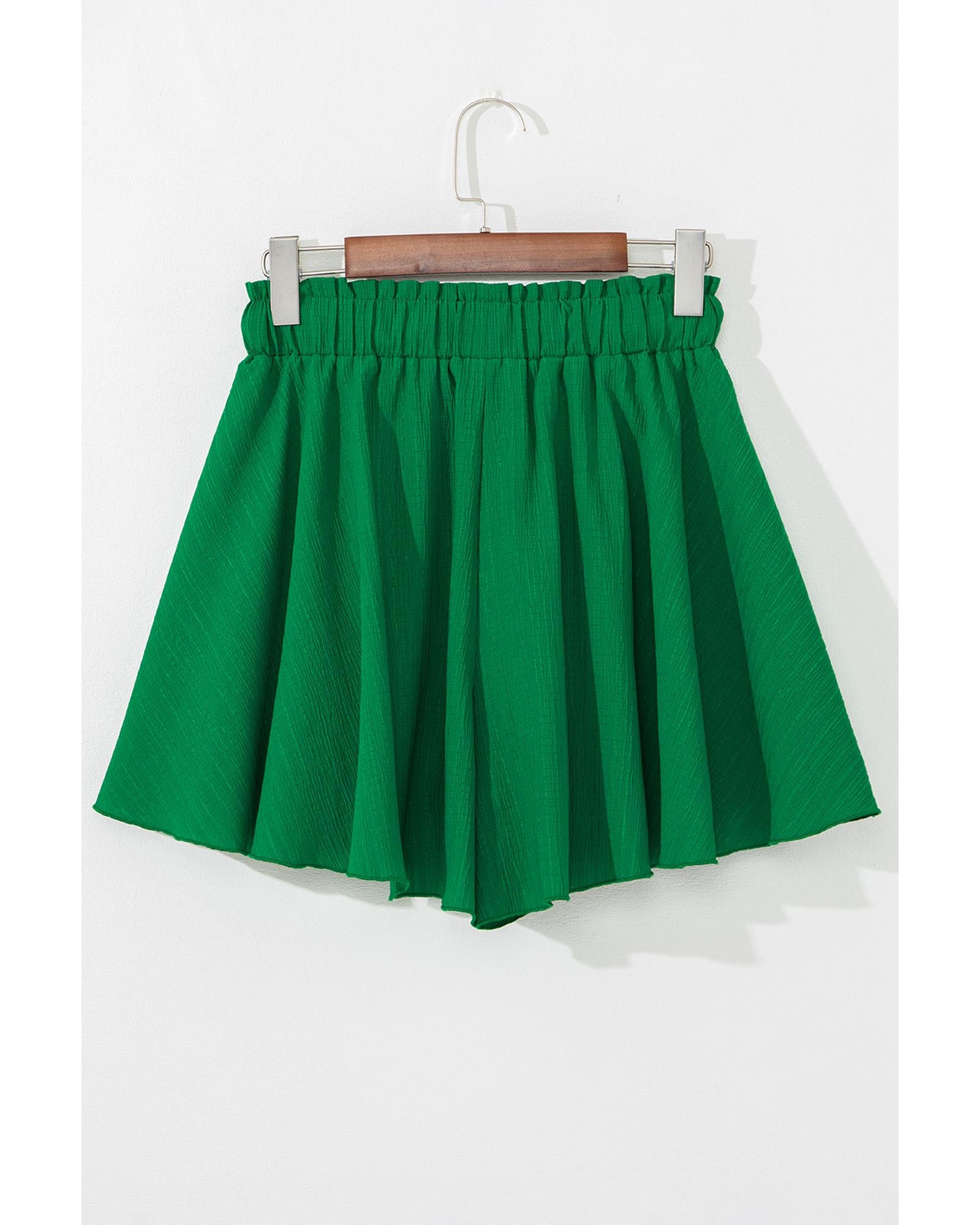 Dark Green Textured Frilled Lace-up High Waist Ruffle Wide Leg Shorts - L