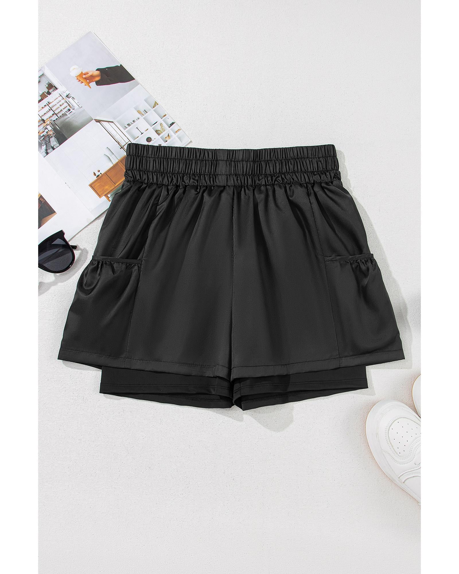 Black Elastic High Waist Pocketed Casual Shorts - M 4