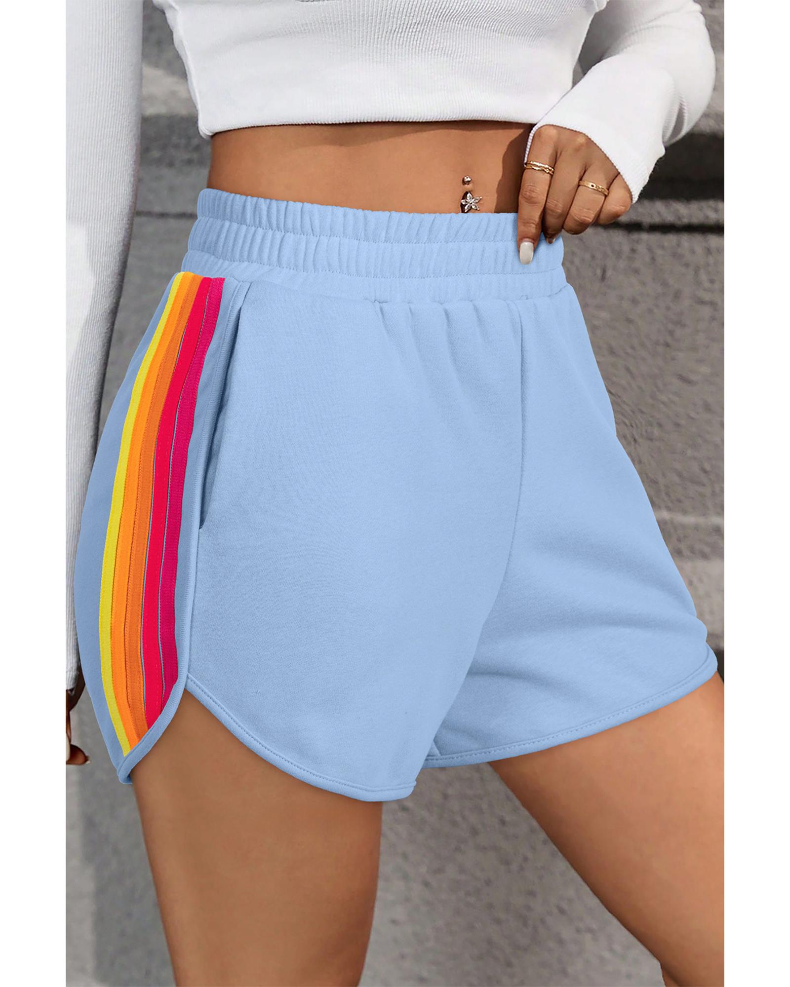Beau Blue Color Block Stripes Elastic High Waist Active Shorts - M