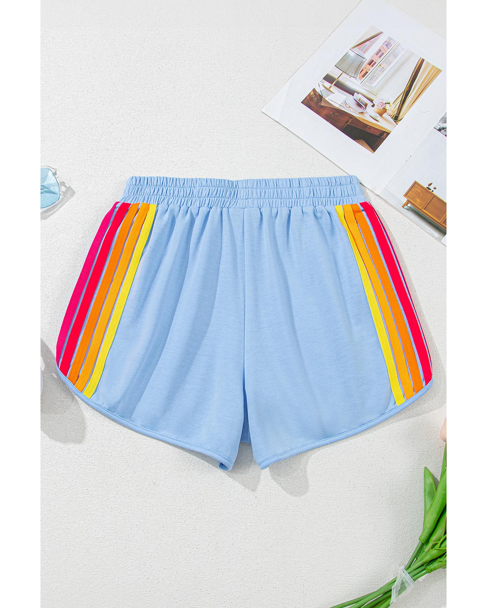 Beau Blue Color Block Stripes Elastic High Waist Active Shorts - M 5