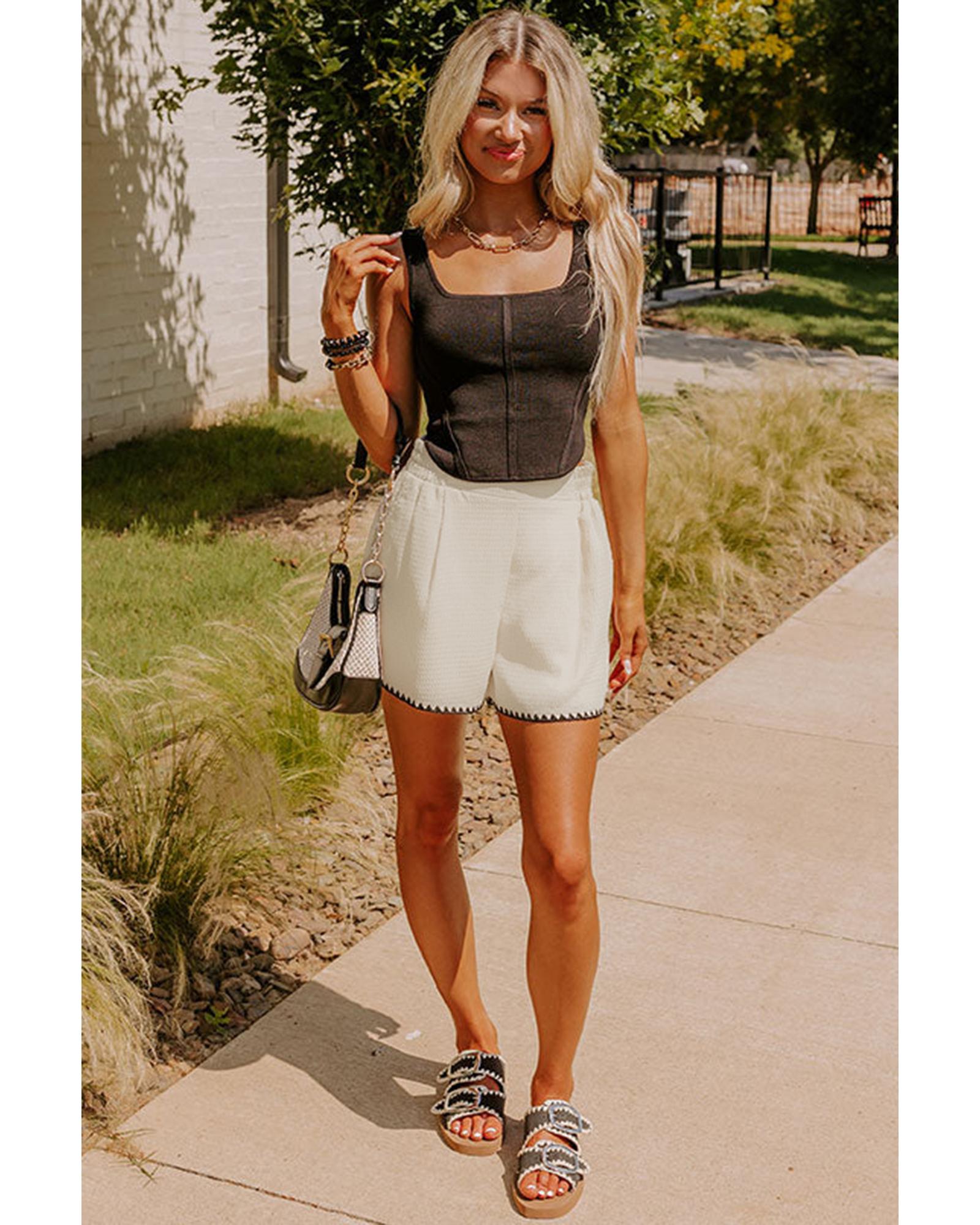 White Waffle Texture Contrast Ricrac Hemline Casual Shorts - XL 5
