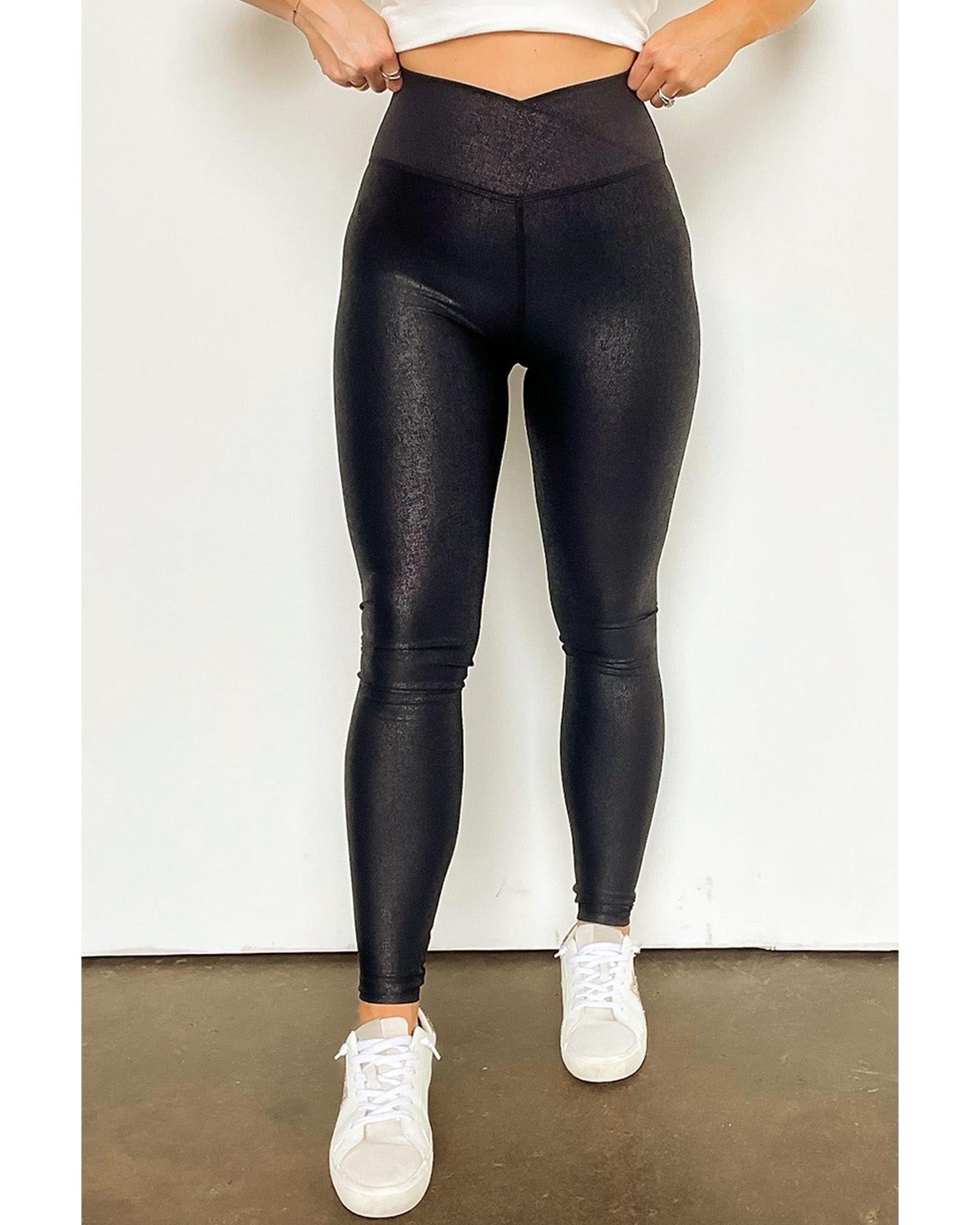 Black Crossed Dip Waist Sleek Leather Leggings - XL 3