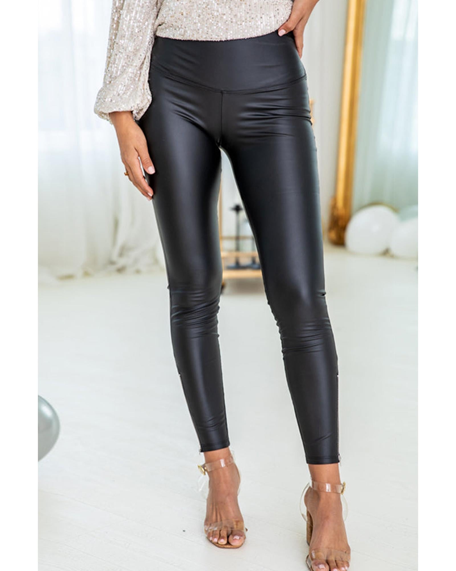 Black Faux Leather Zipped Detail Leggings - L 4