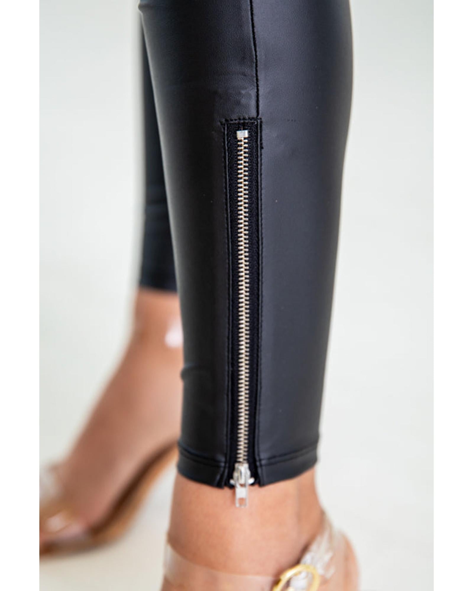 Black Faux Leather Zipped Detail Leggings - L 7