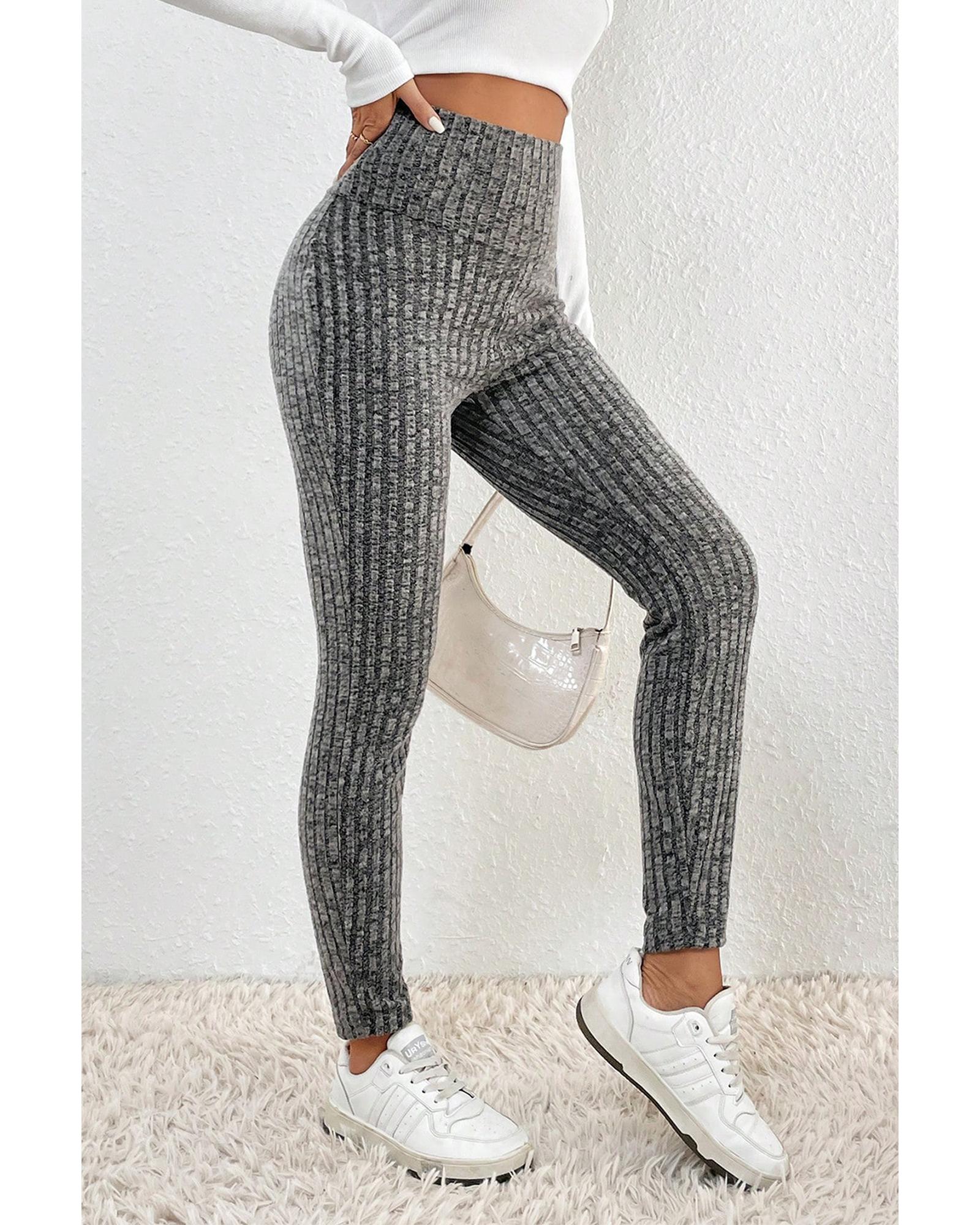 Gray Wide Waistband Ribbed Textured Knit Leggings - L