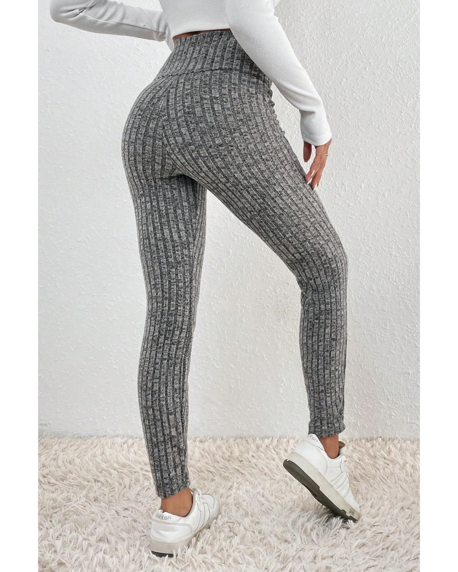Gray Wide Waistband Ribbed Textured Knit Leggings - L 5