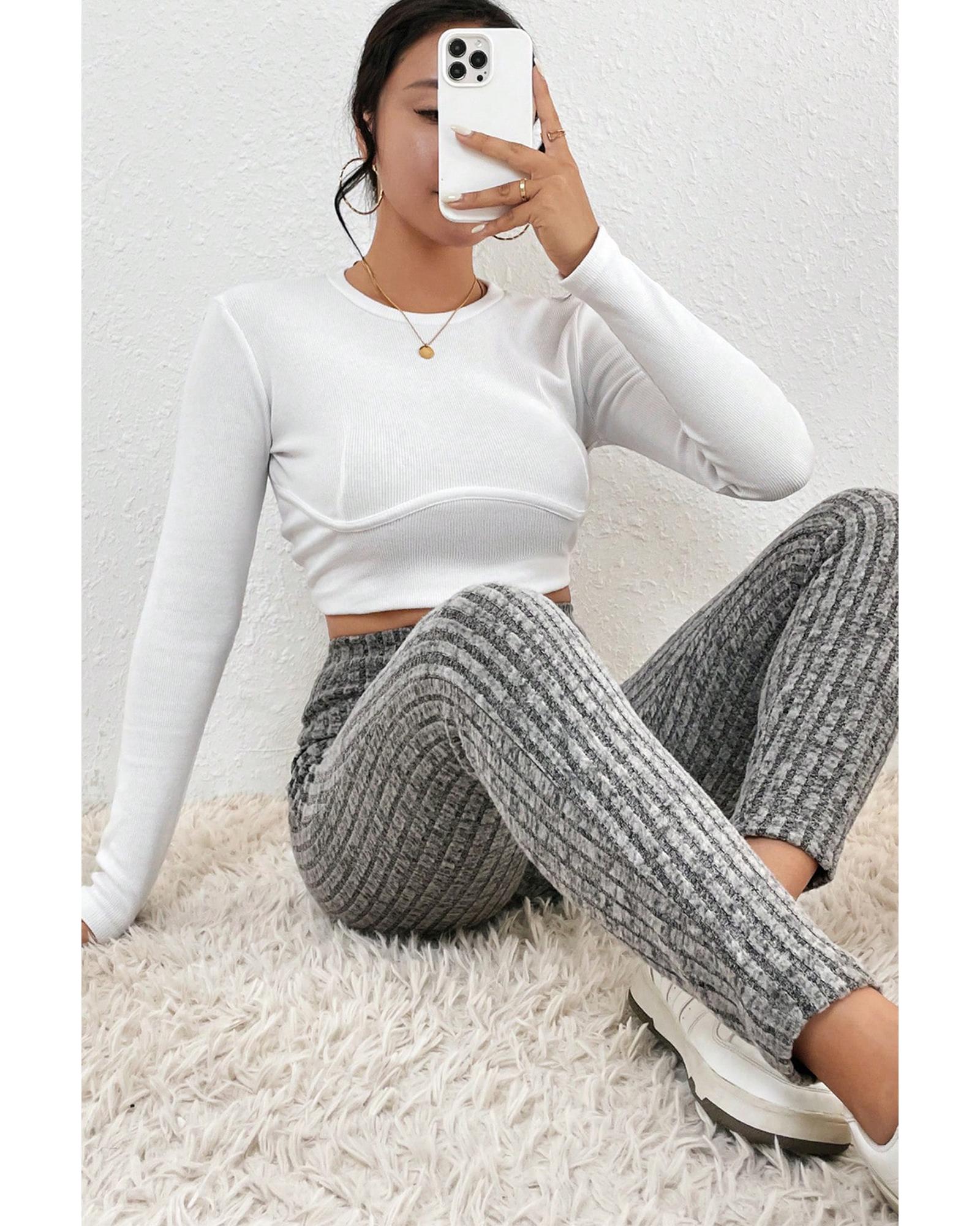 Gray Wide Waistband Ribbed Textured Knit Leggings - S