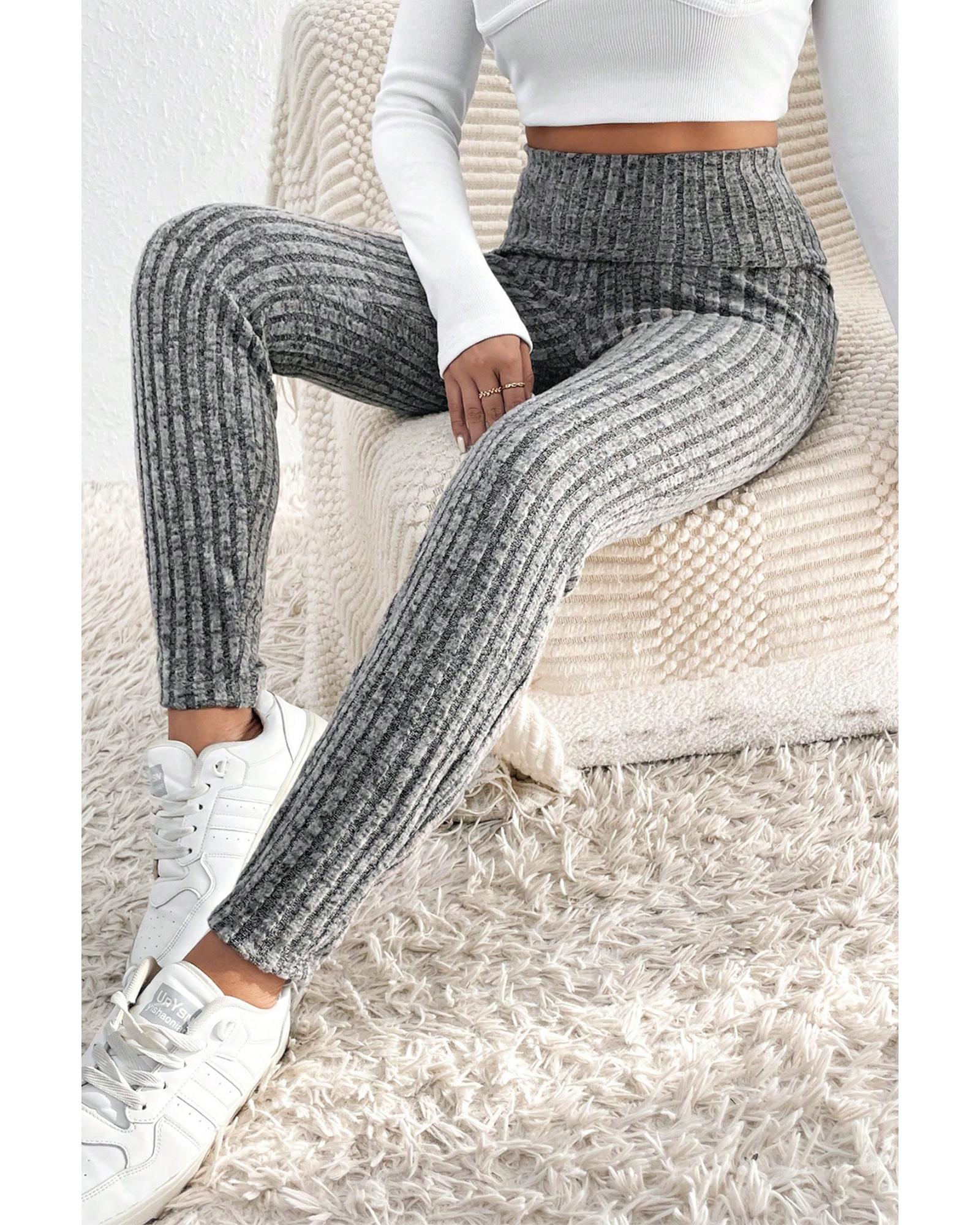 Gray Wide Waistband Ribbed Textured Knit Leggings - XL