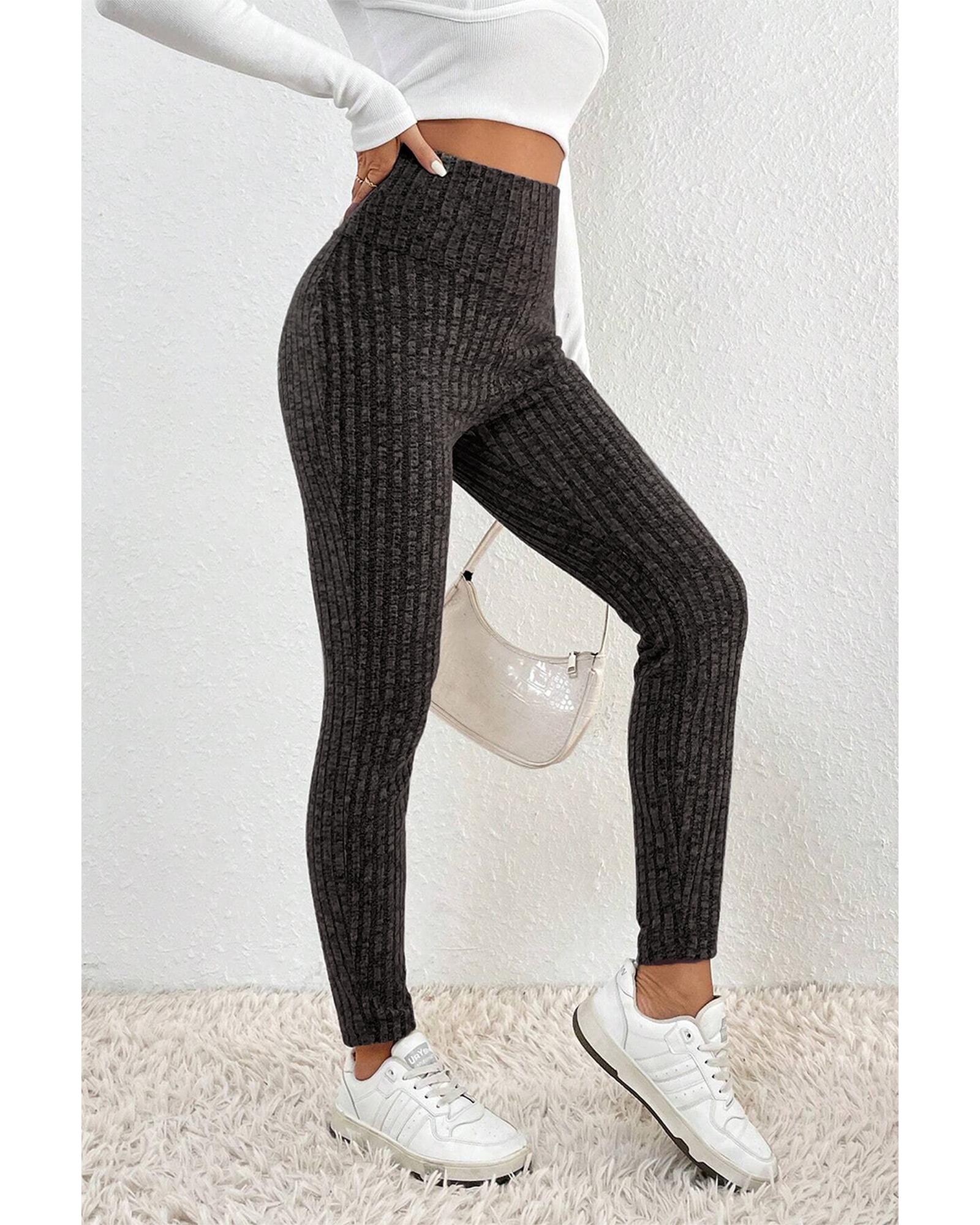Dark Grey Wide Waistband Ribbed Textured Knit Leggings - S 3