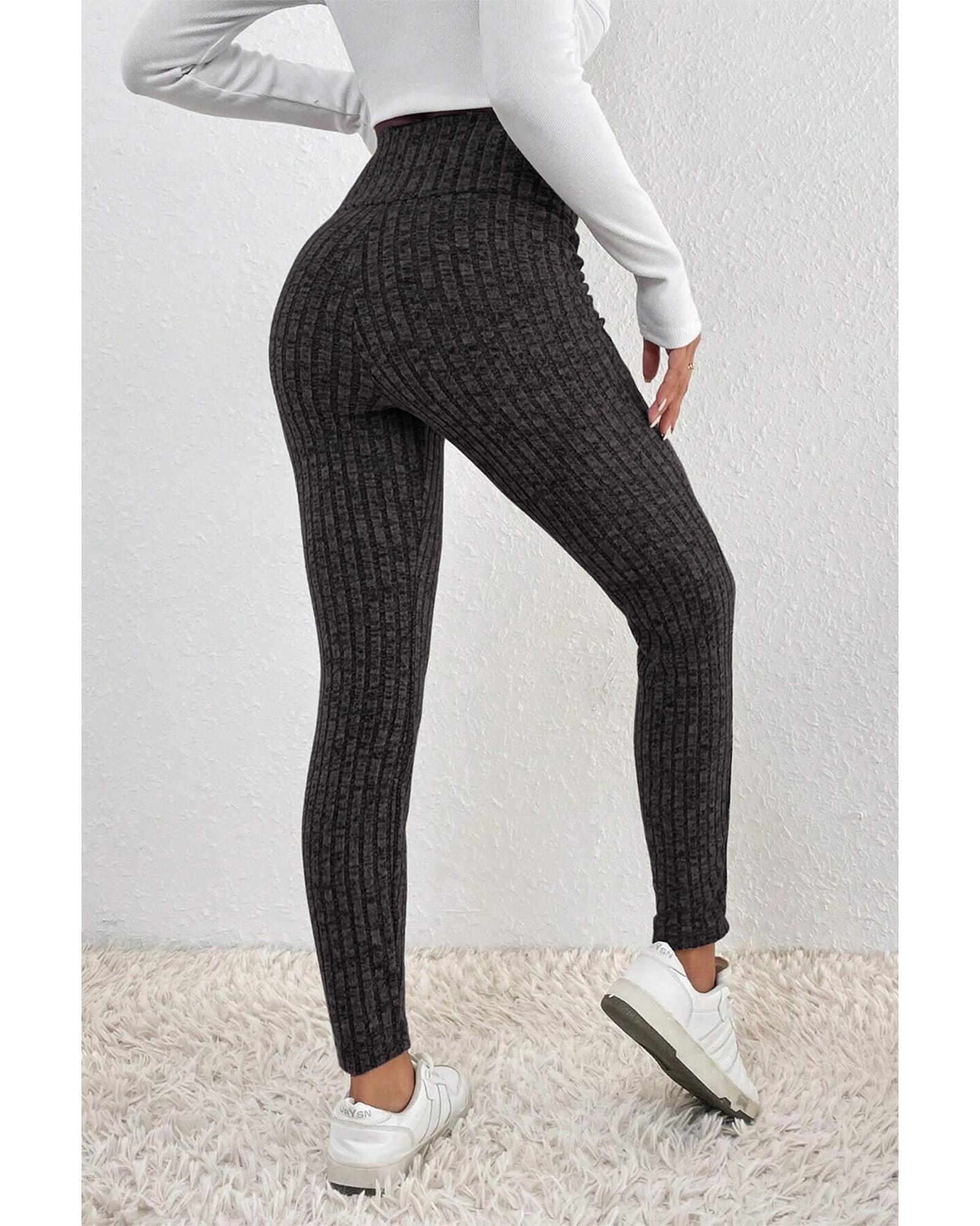 Dark Grey Wide Waistband Ribbed Textured Knit Leggings - S 4
