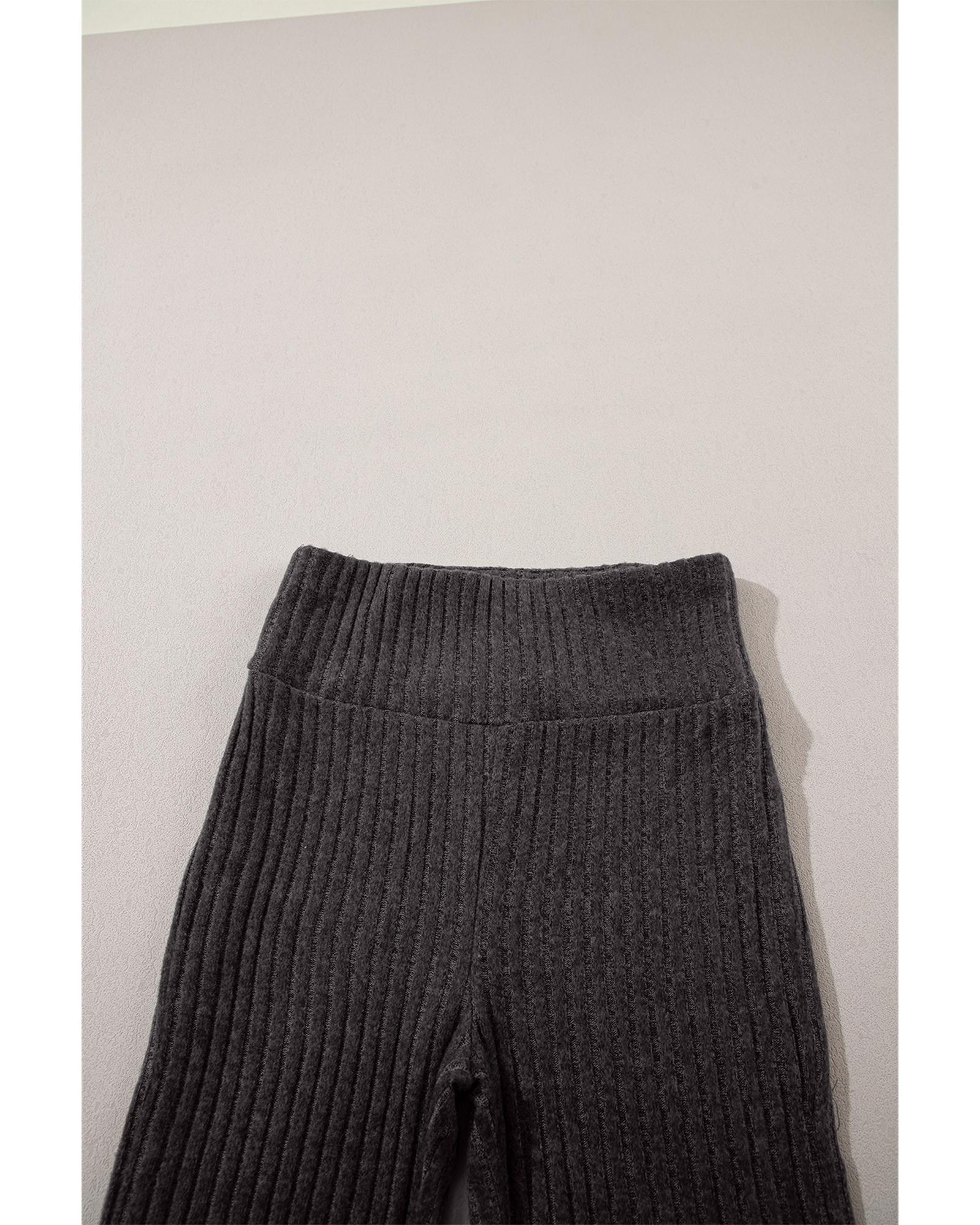 Dark Grey Wide Waistband Ribbed Textured Knit Leggings - S 8