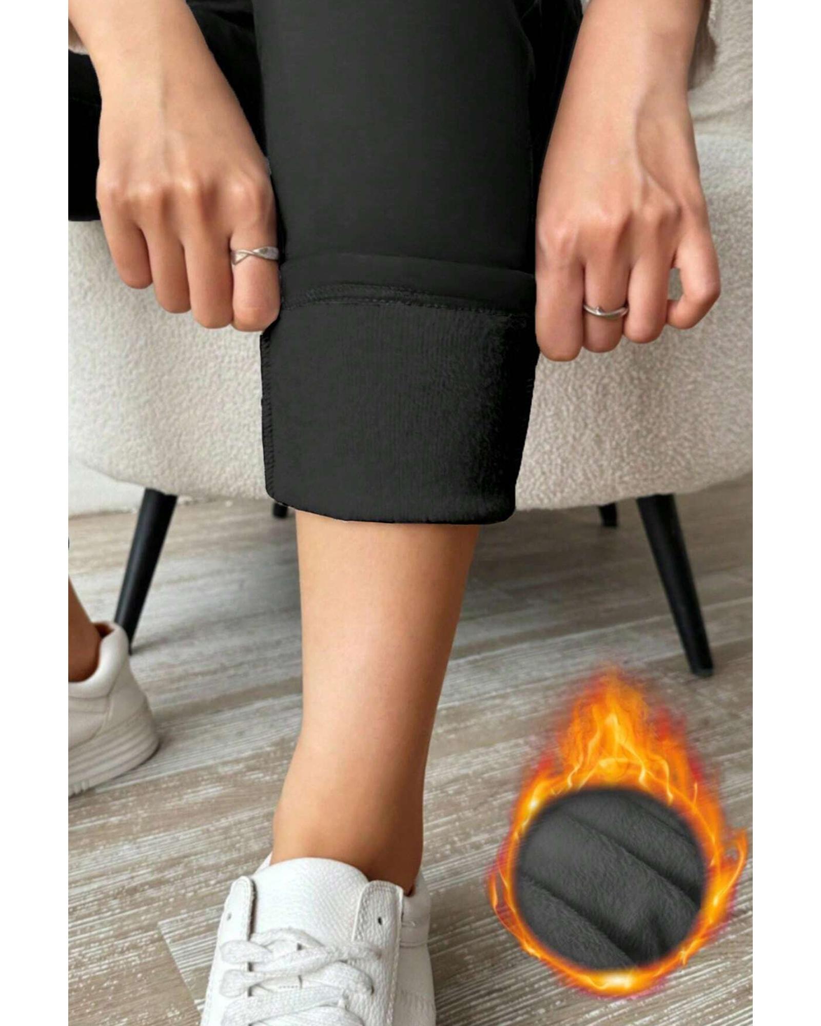 Black Thermal Lined Drawstring High Waist Leggings - M