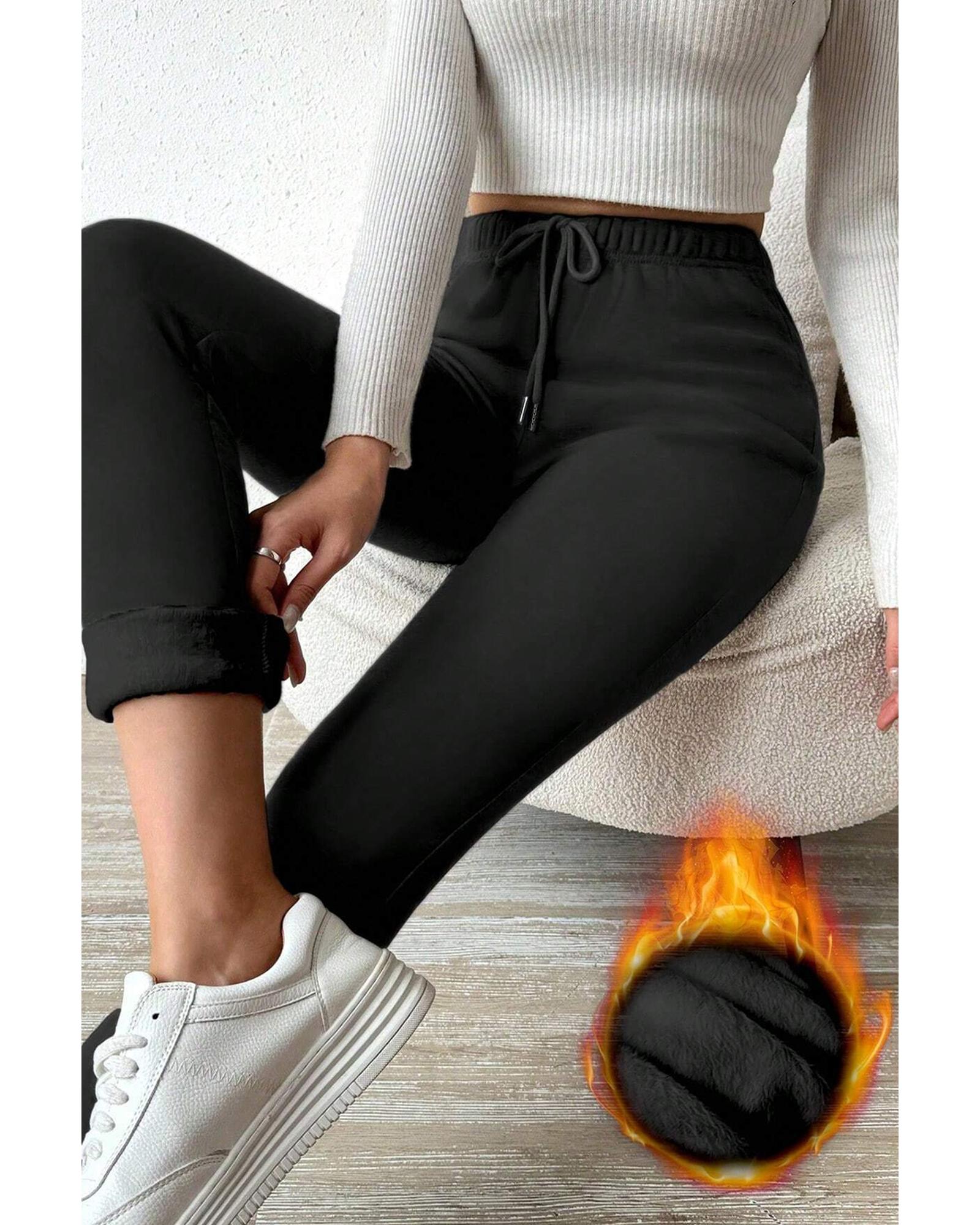 Black Thermal Lined Drawstring High Waist Leggings - M 5