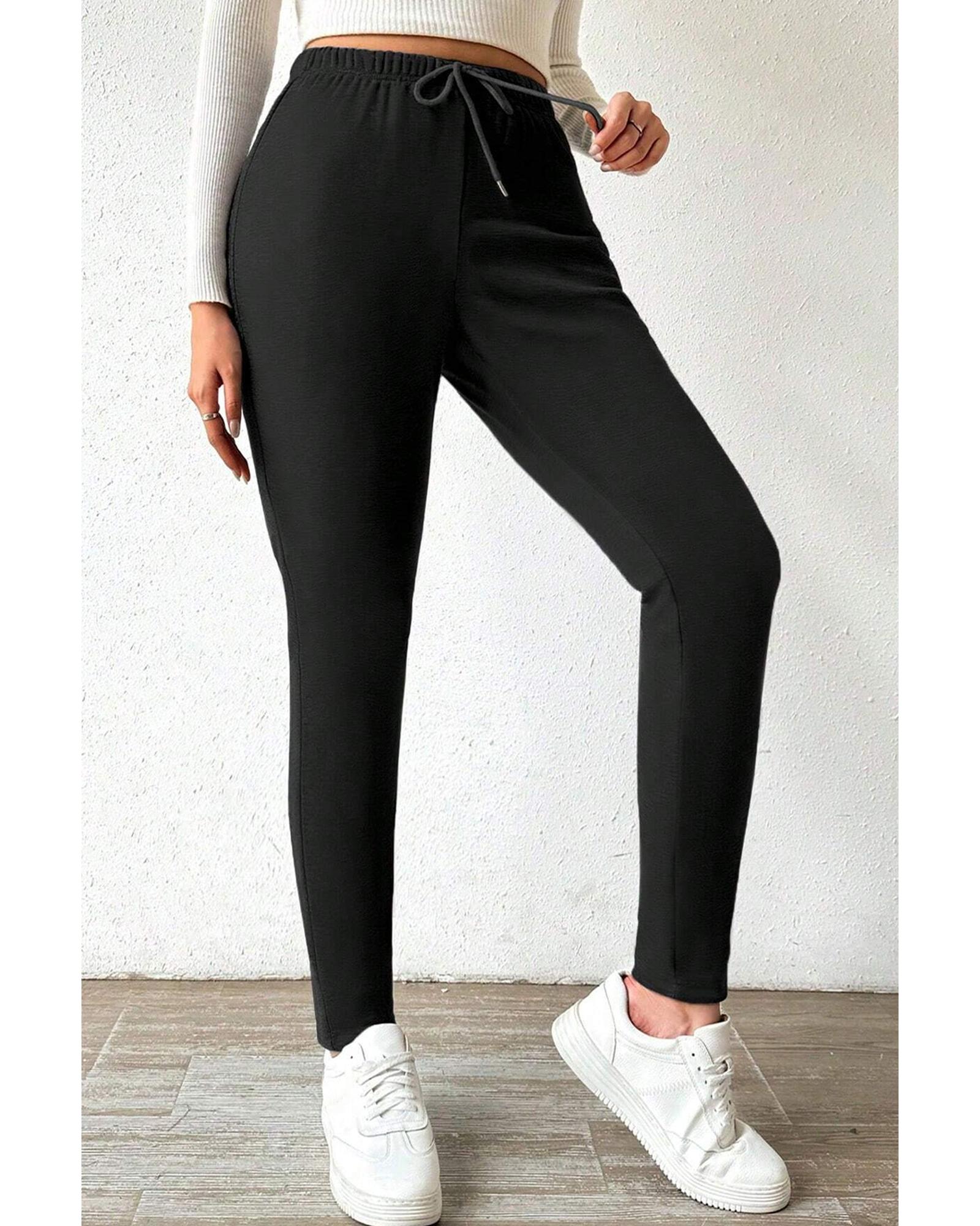 Black Thermal Lined Drawstring High Waist Leggings - S 6