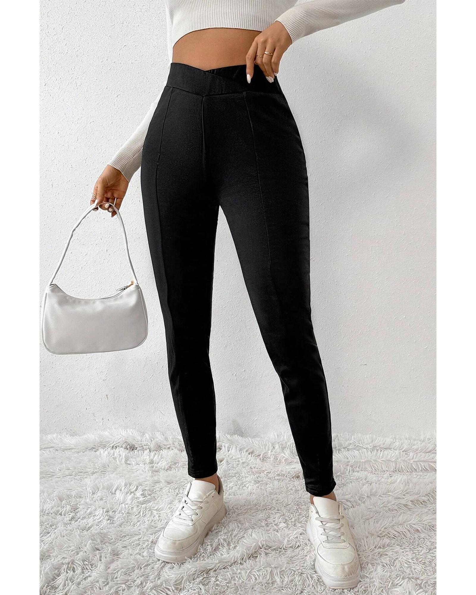 Black Crossed Waist Seamed Leg Thermal Leggings - L 5