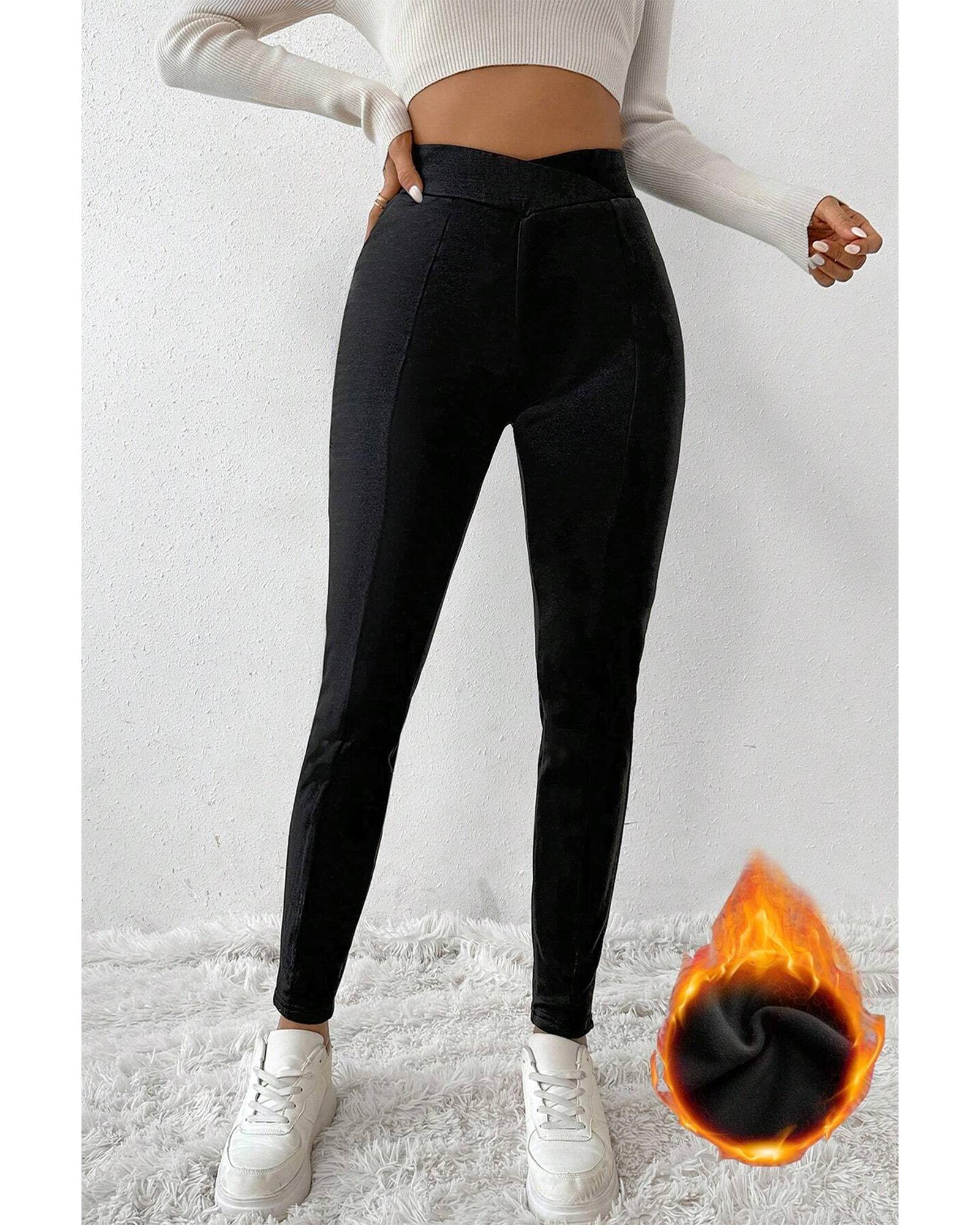 Black Crossed Waist Seamed Leg Thermal Leggings - S 3