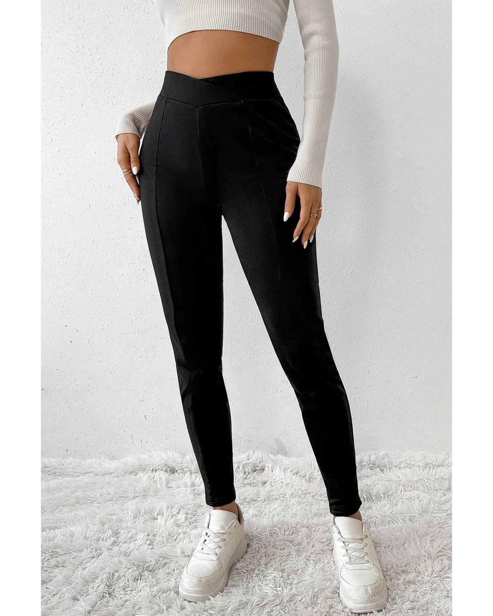 Black Crossed Waist Seamed Leg Thermal Leggings - XL