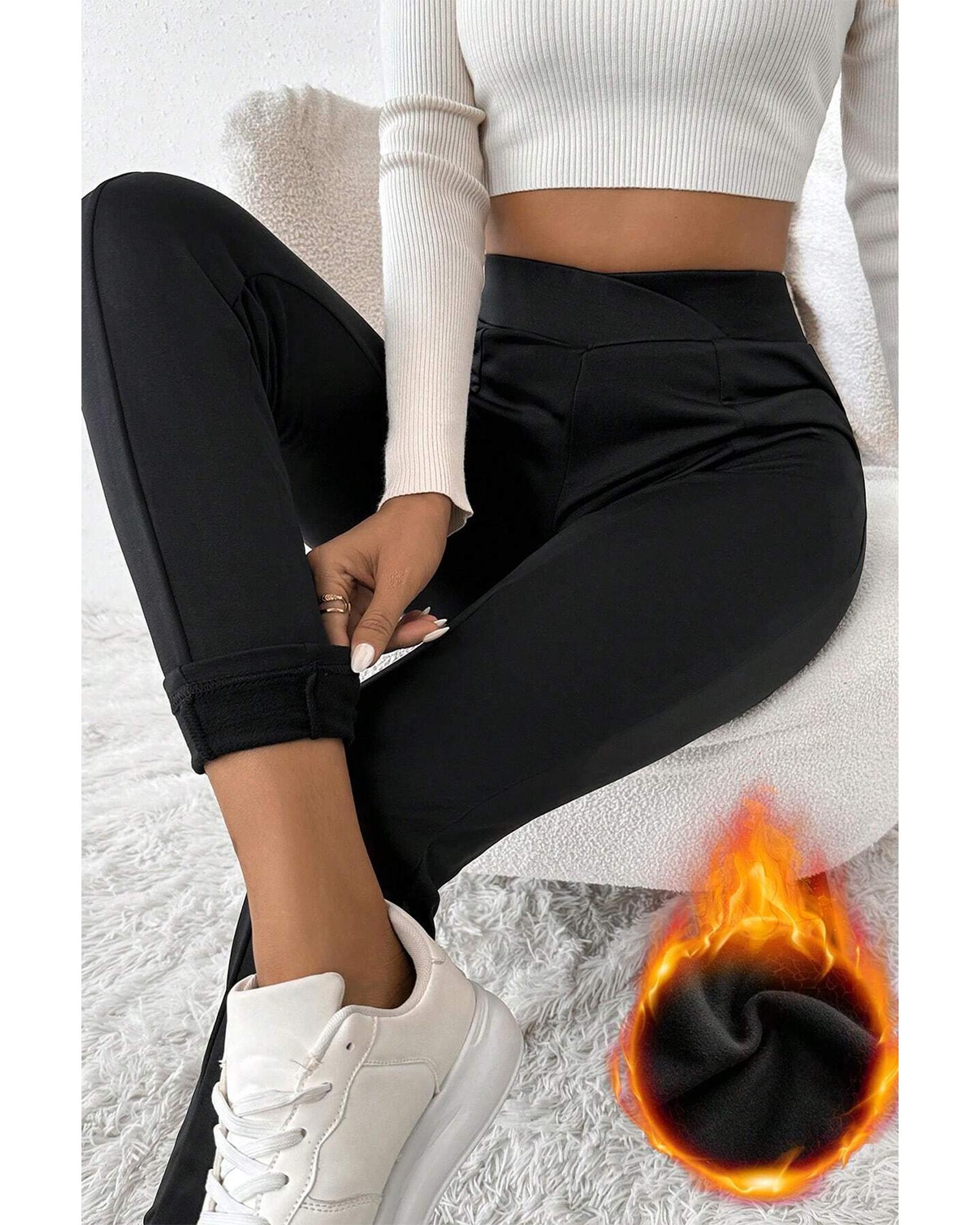 Black Crossed Waist Seamed Leg Thermal Leggings - XL 4