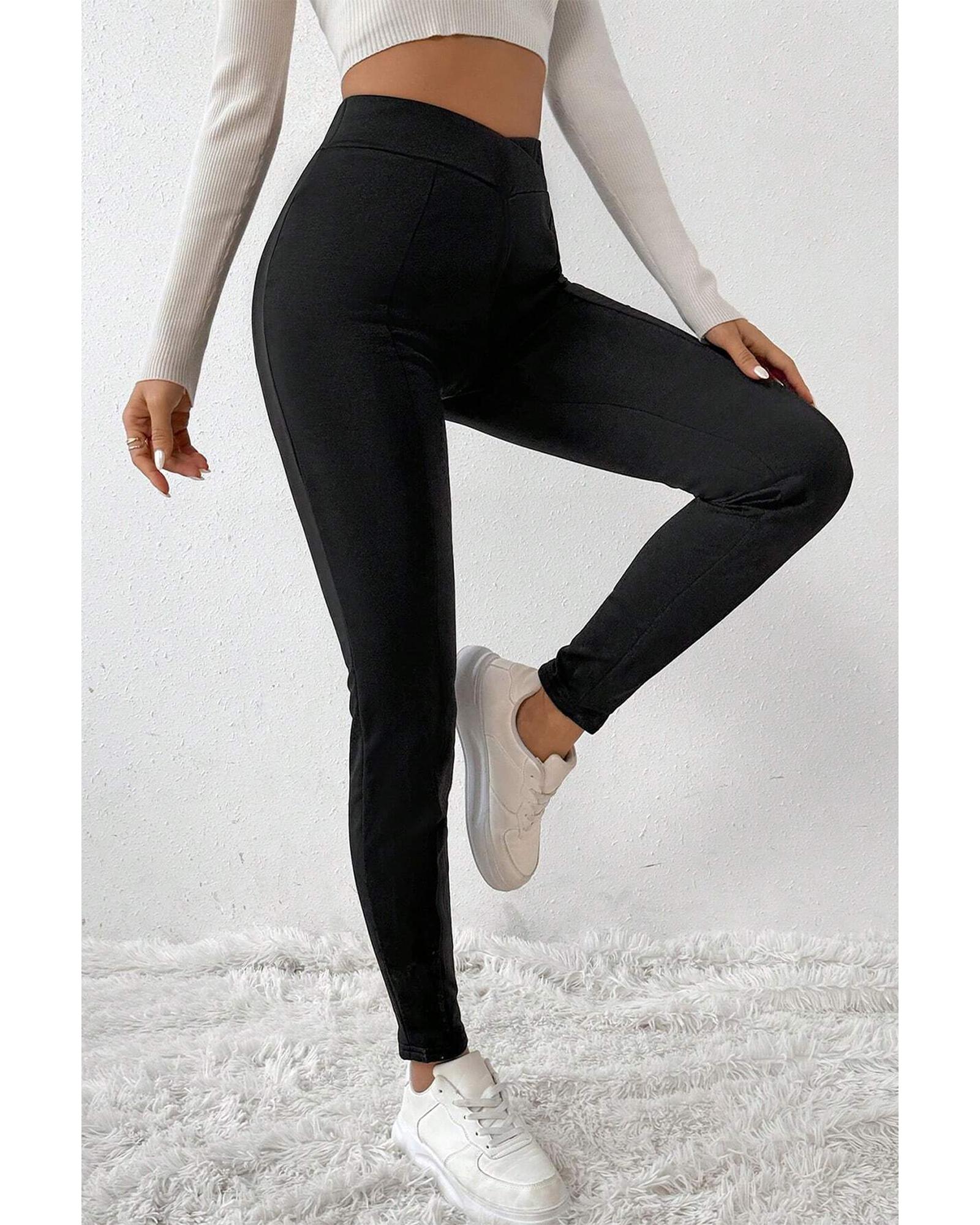 Black Crossed Waist Seamed Leg Thermal Leggings - XL 8
