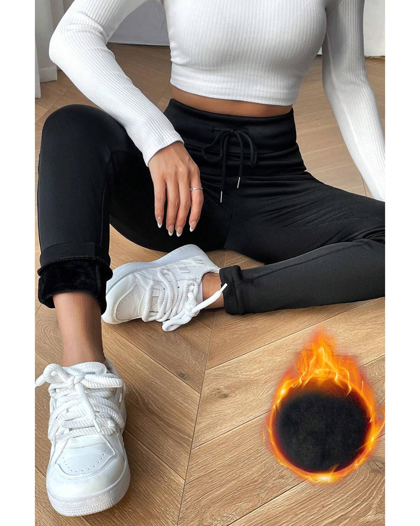 Black Solid Drawstring Waist Thermal Lined Leggings - M