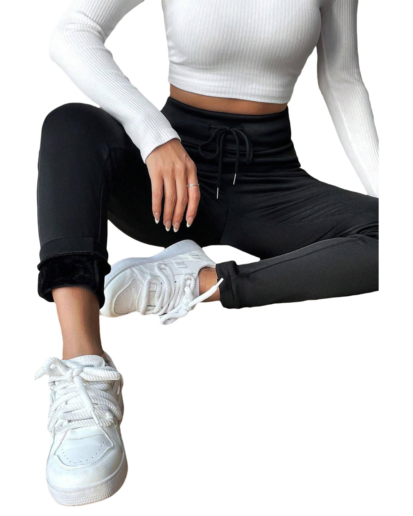 Black Solid Drawstring Waist Thermal Lined Leggings - M 5