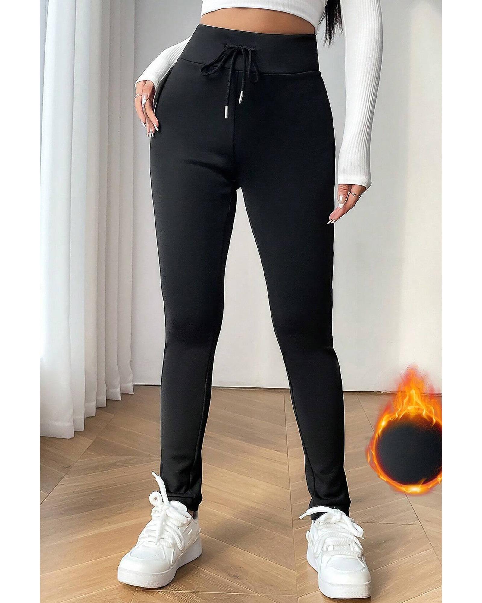 Black Solid Drawstring Waist Thermal Lined Leggings - M 6