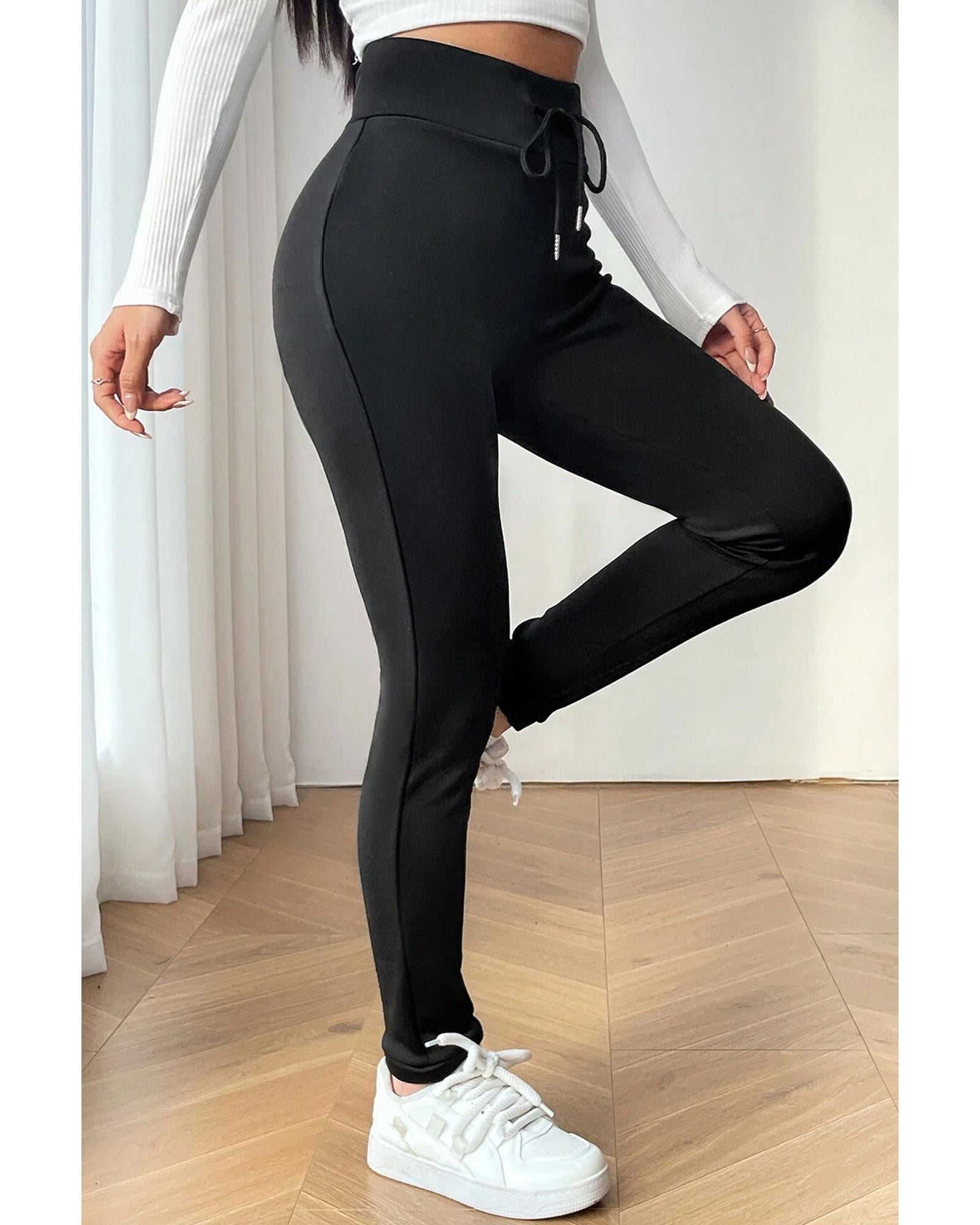 Black Solid Drawstring Waist Thermal Lined Leggings - M 8