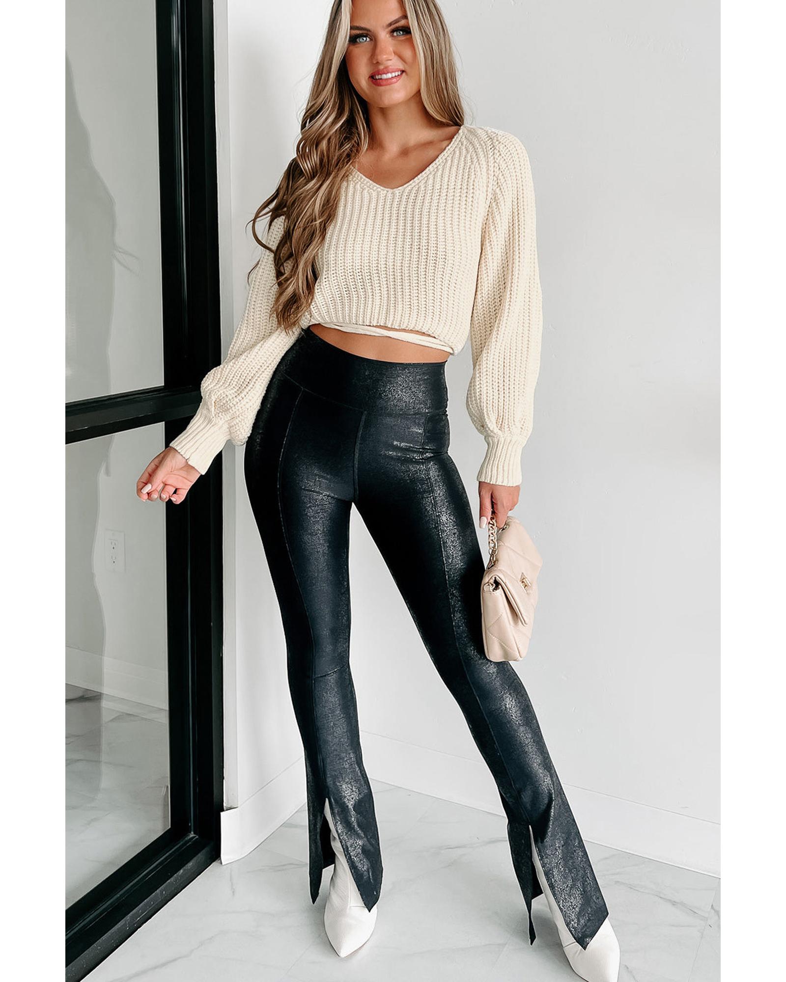 Black Faux Leather Splits High Waist Leggings - M 4