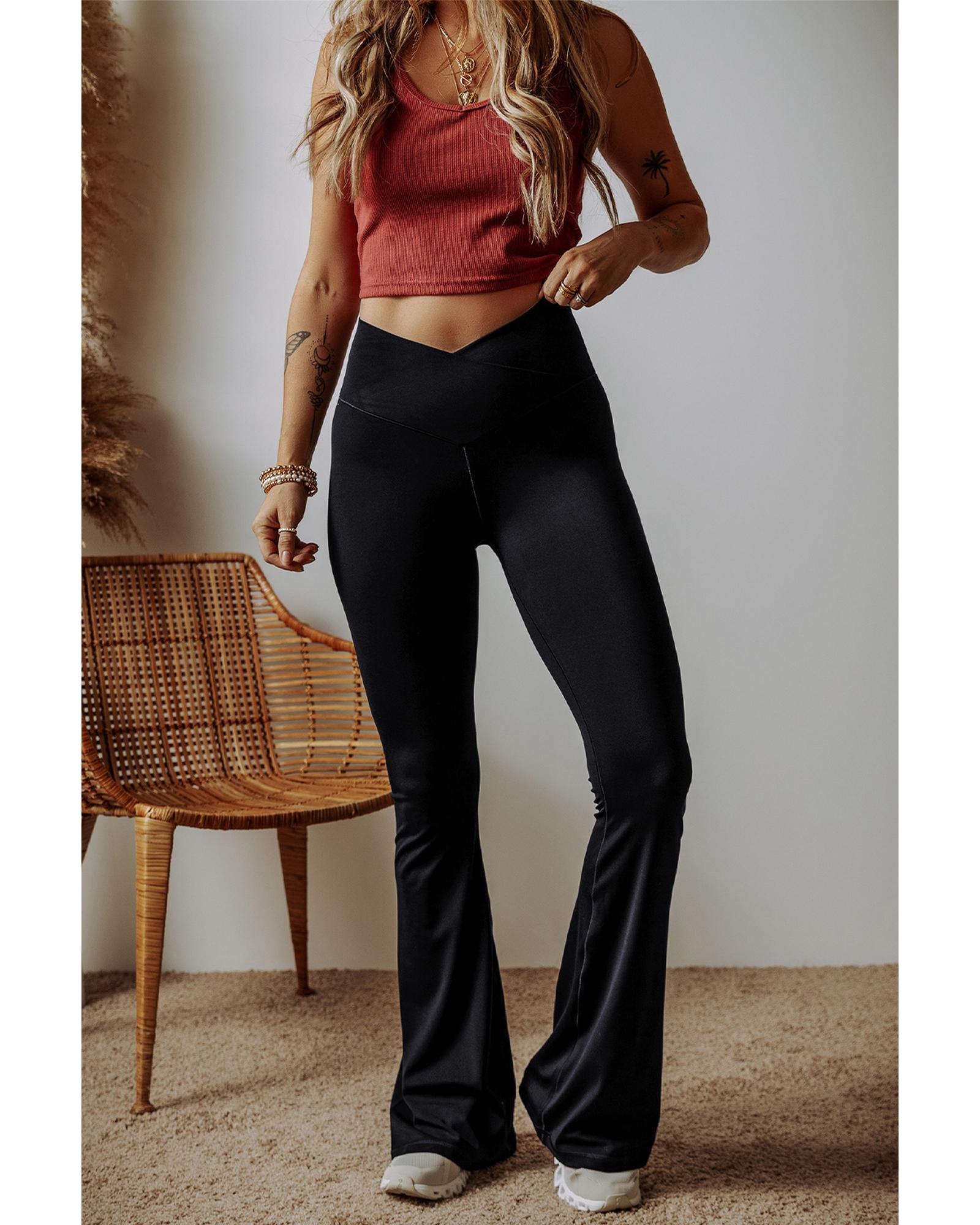 Black V Shape High Waist Flared Leggings - M