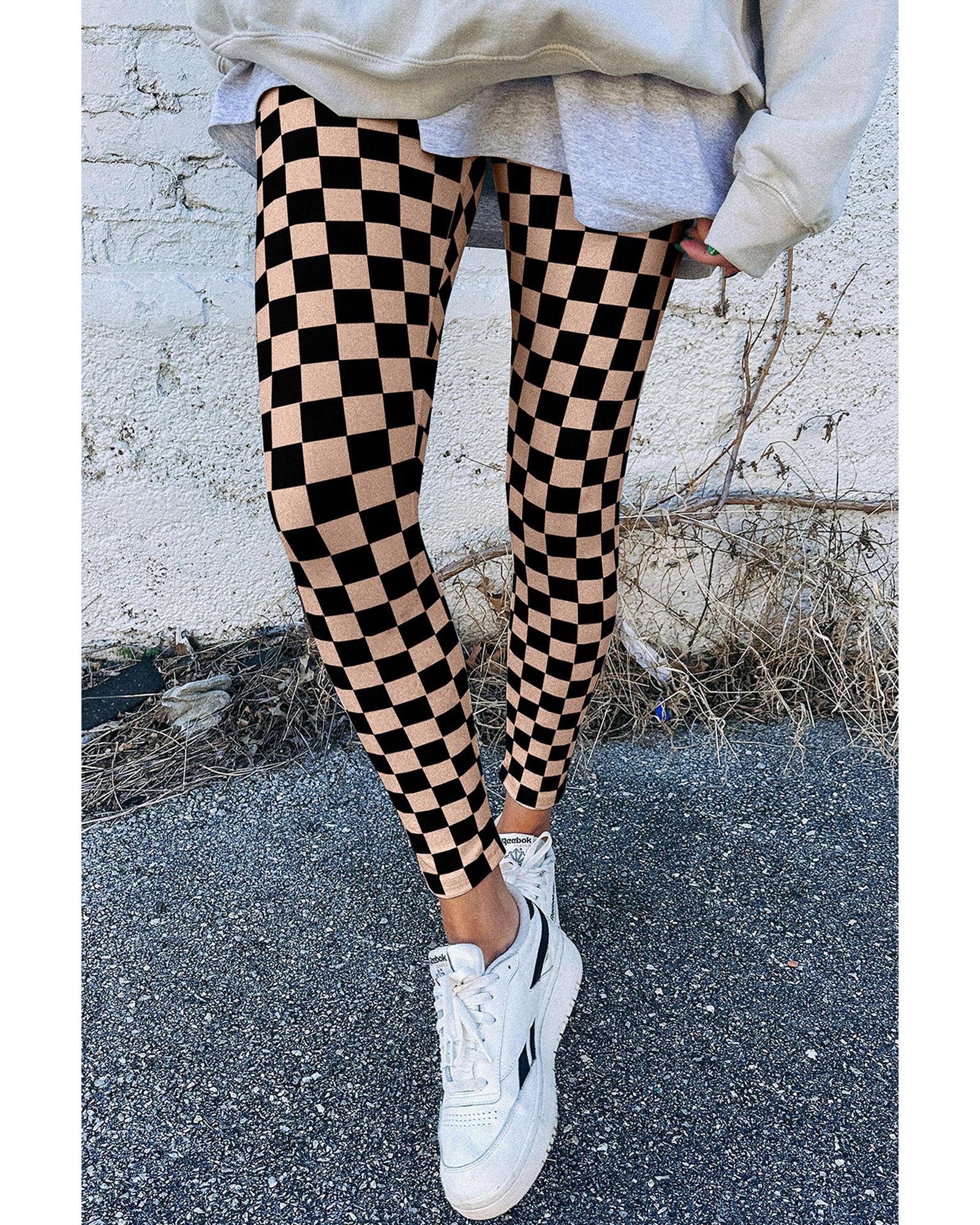 Khaki Checkered Pattern High Waist Skinny Leggings - L