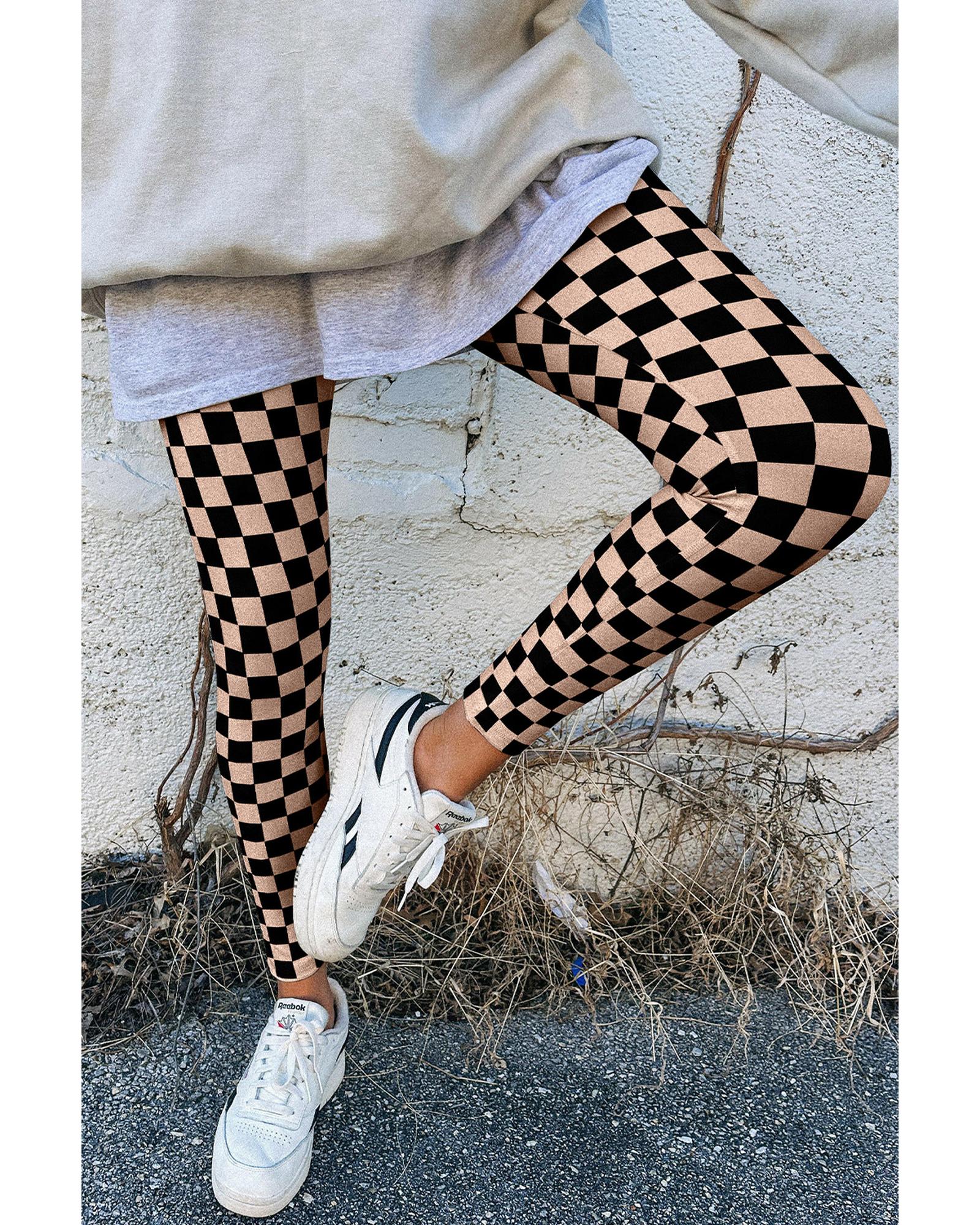 Khaki Checkered Pattern High Waist Skinny Leggings - M