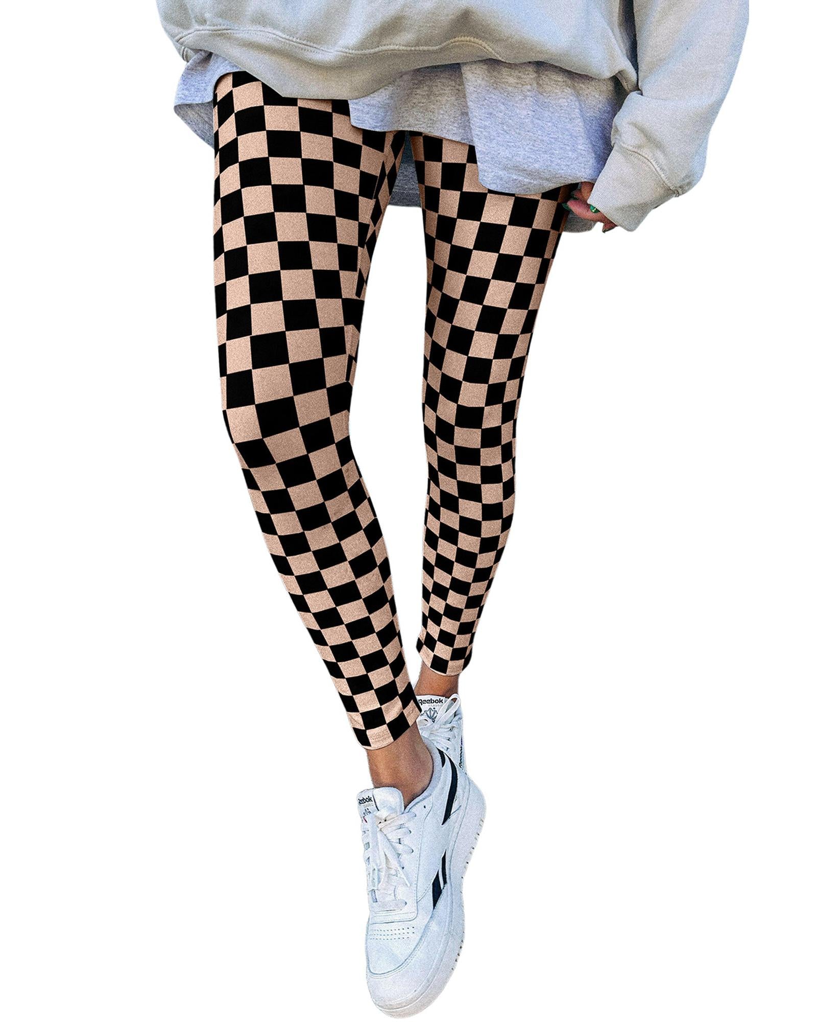 Khaki Checkered Pattern High Waist Skinny Leggings - M 5