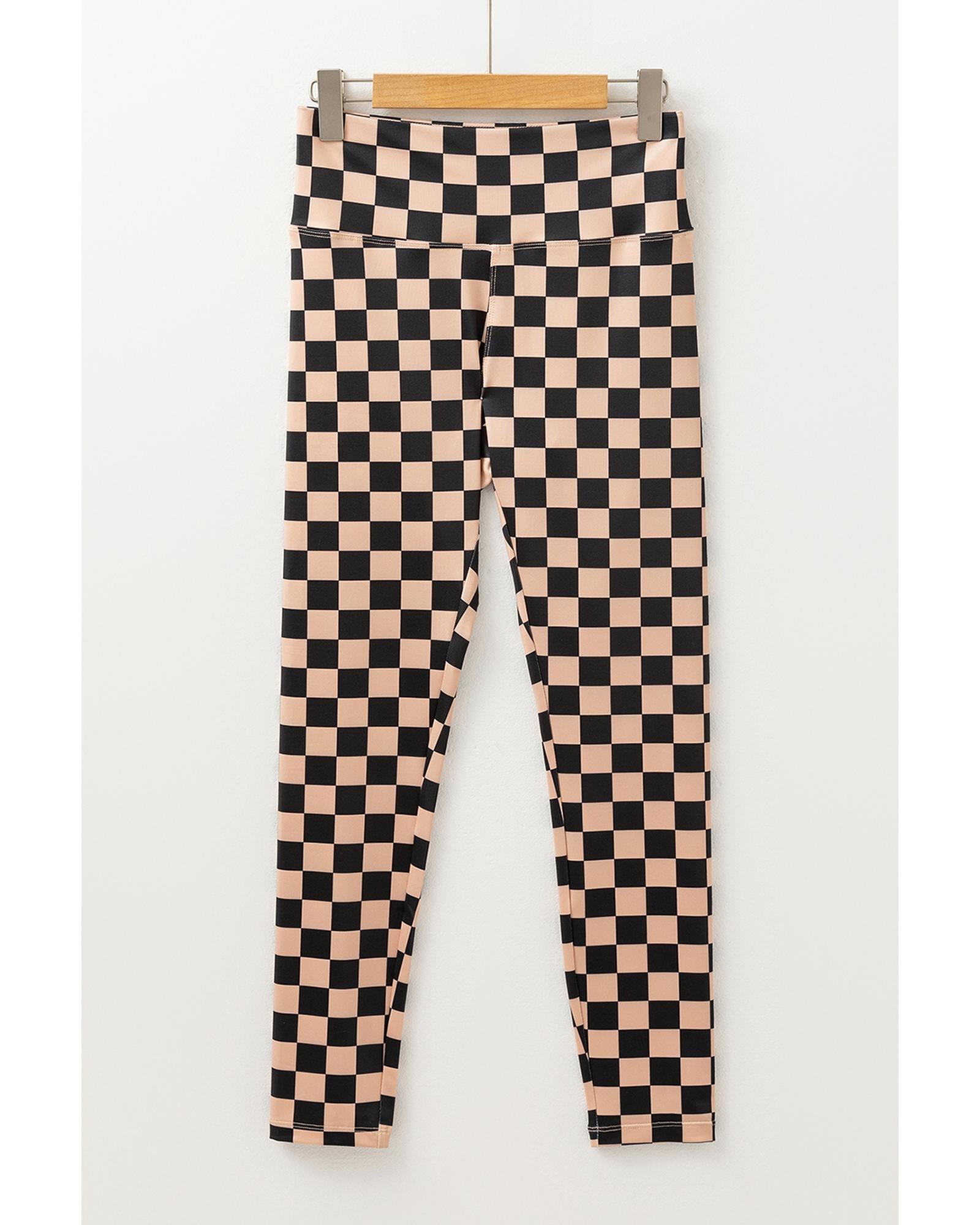 Khaki Checkered Pattern High Waist Skinny Leggings - M 6