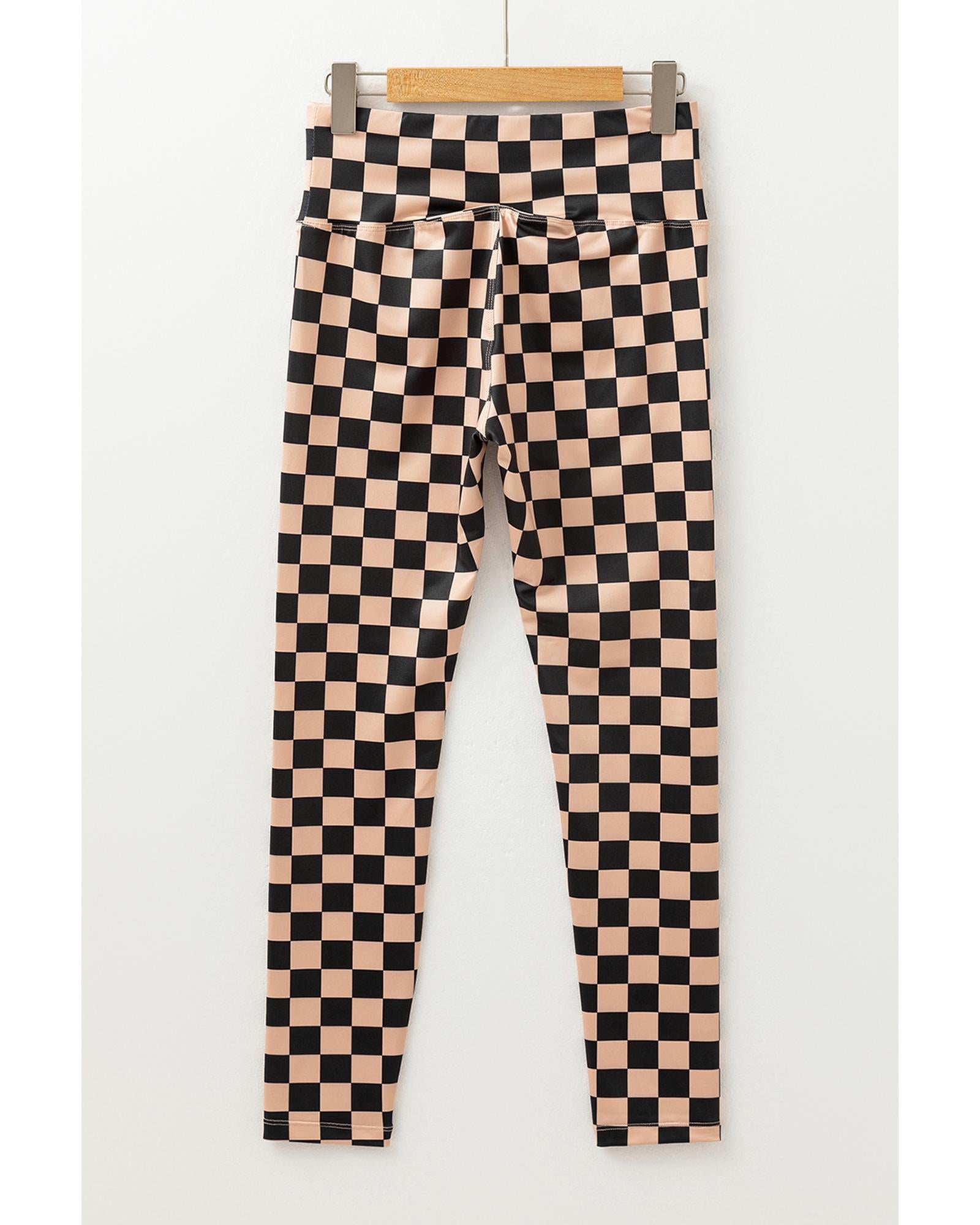 Khaki Checkered Pattern High Waist Skinny Leggings - M 8