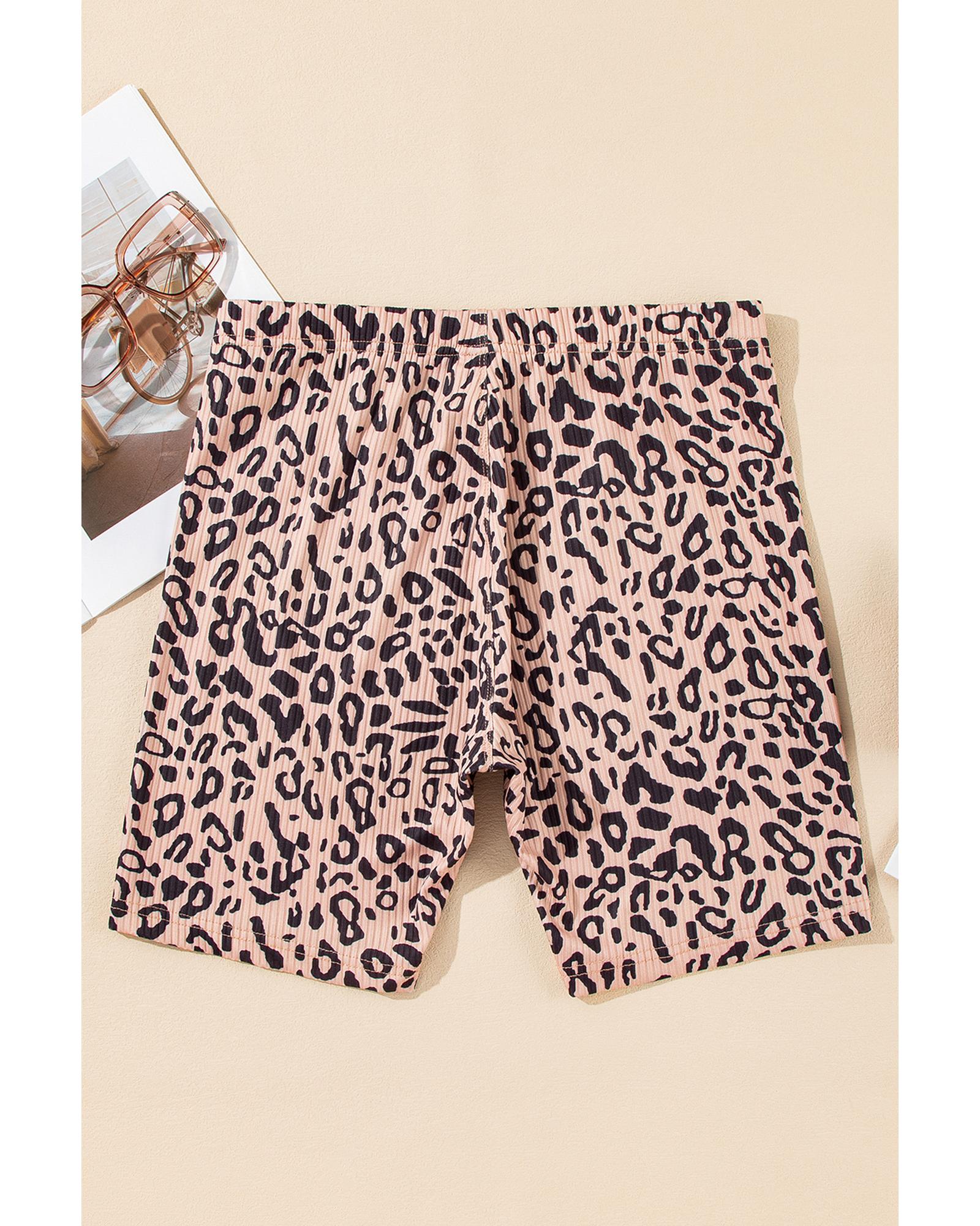 Khaki Leopard Print Ribbed Textured Knit Biker Shorts - XL 4