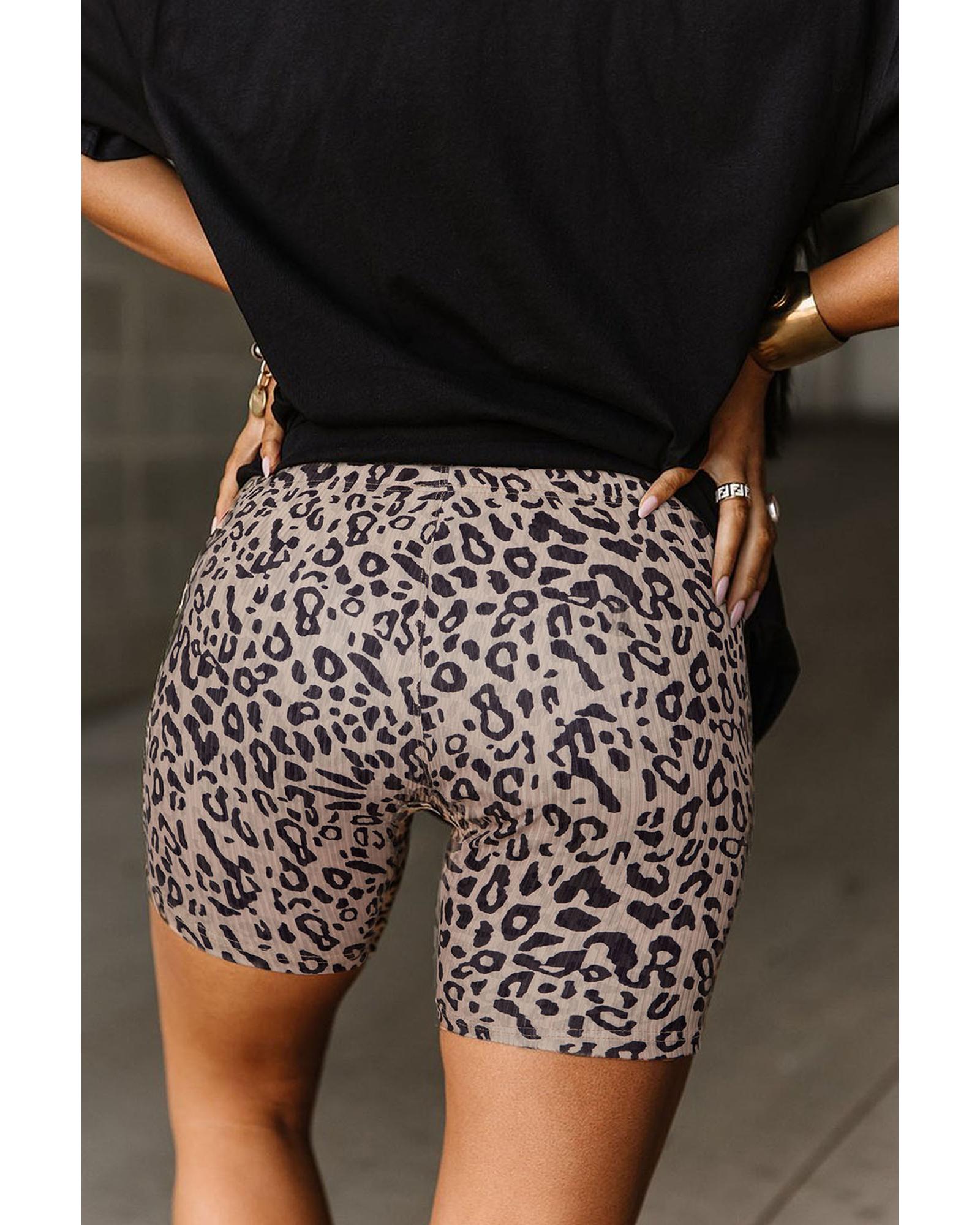Khaki Leopard Print Ribbed Textured Knit Biker Shorts - XL 5