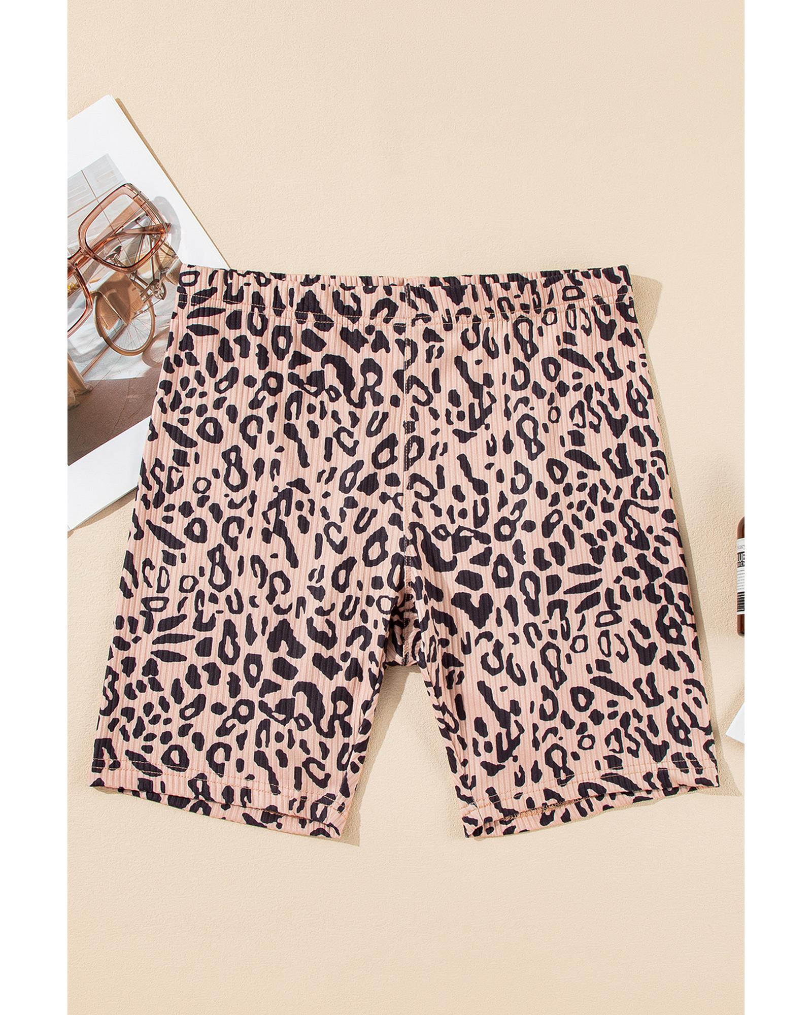 Khaki Leopard Print Ribbed Textured Knit Biker Shorts - XL 7
