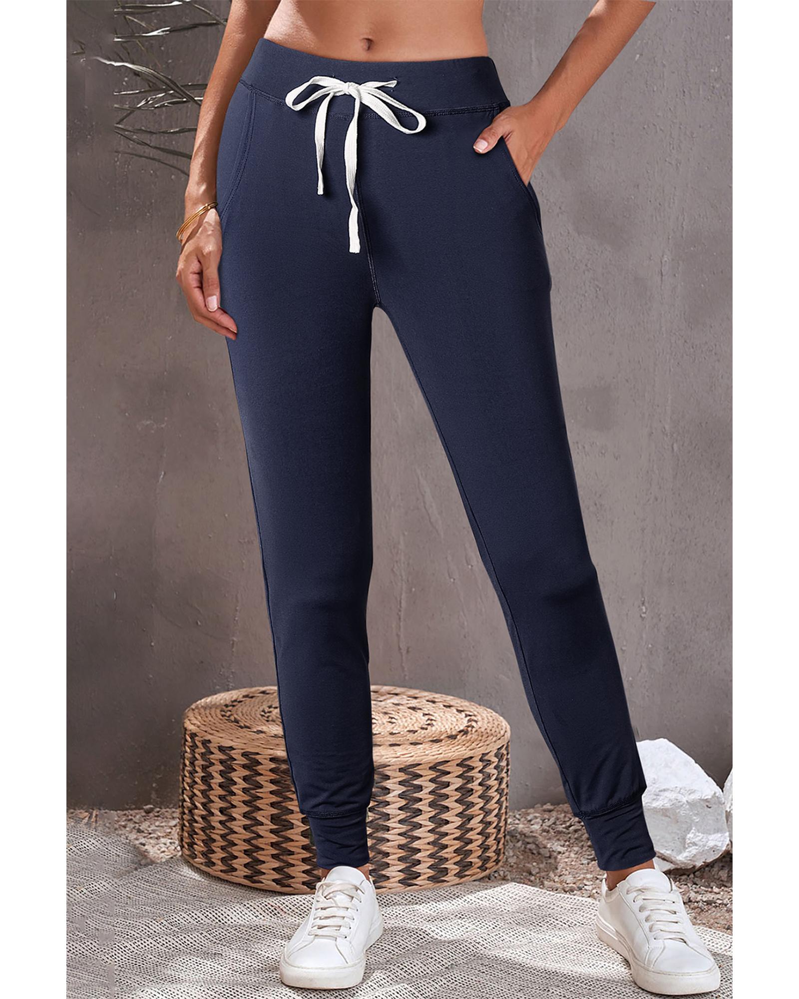 Navy Blue Drawstring Waist Pocketed Joggers - M