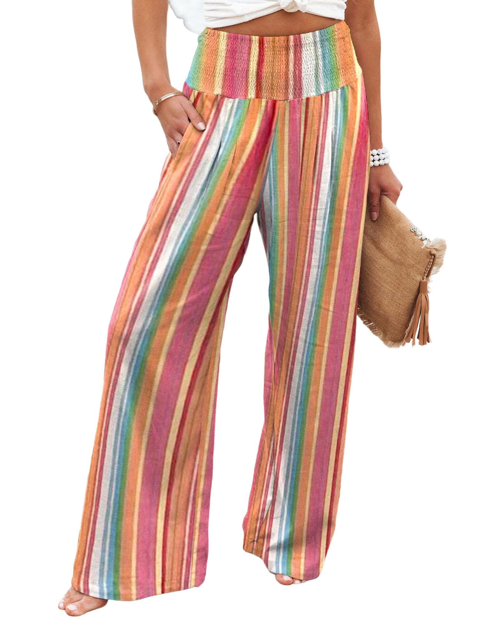 Azura Exchange Striped Smocked High Waist Wide Leg Pants - M