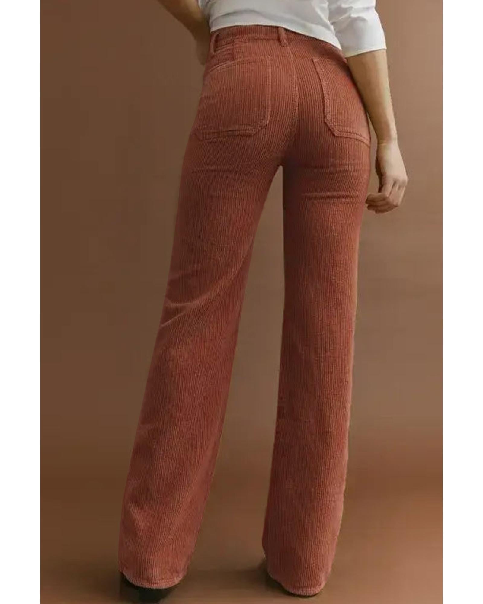 Brown High Waist Square Pockets Corduroy Pants - L 3