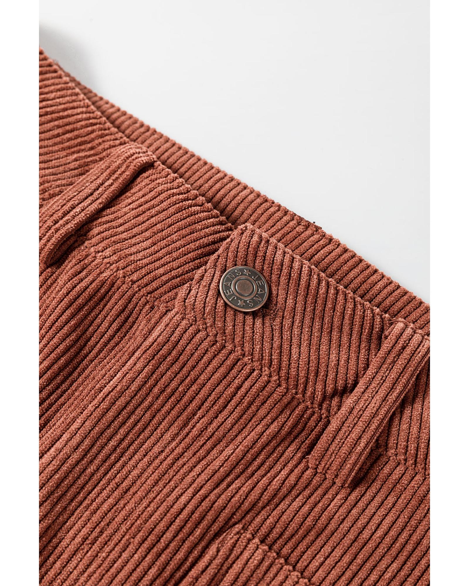 Brown High Waist Square Pockets Corduroy Pants - L 4