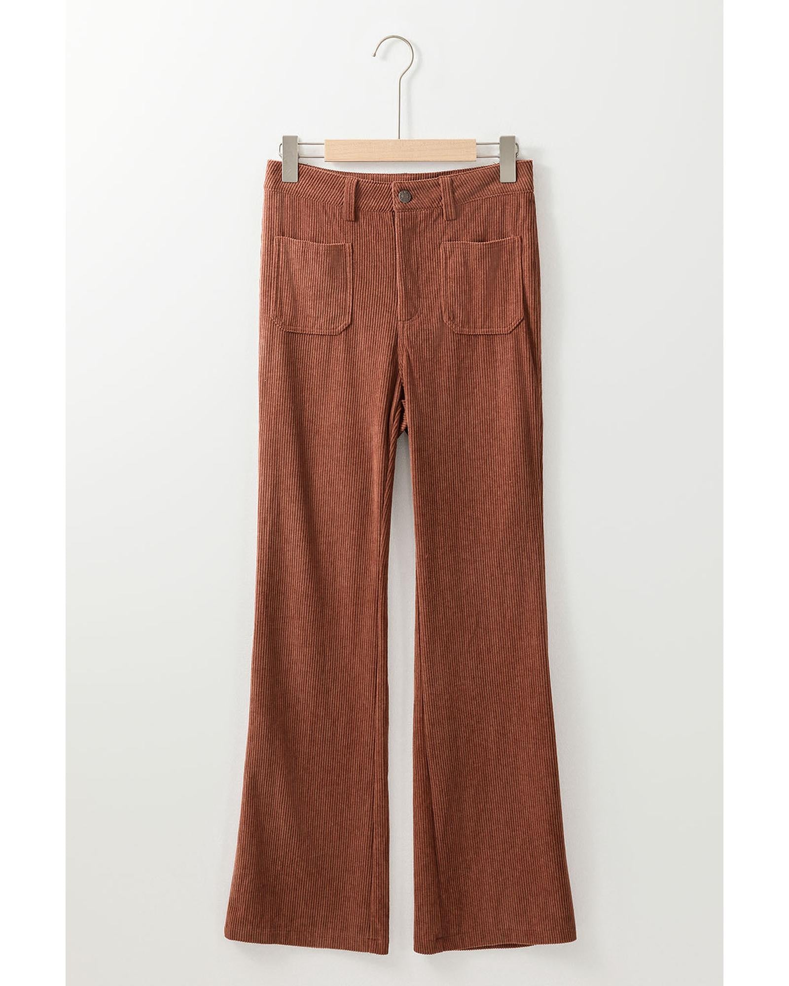 Brown High Waist Square Pockets Corduroy Pants - L 6