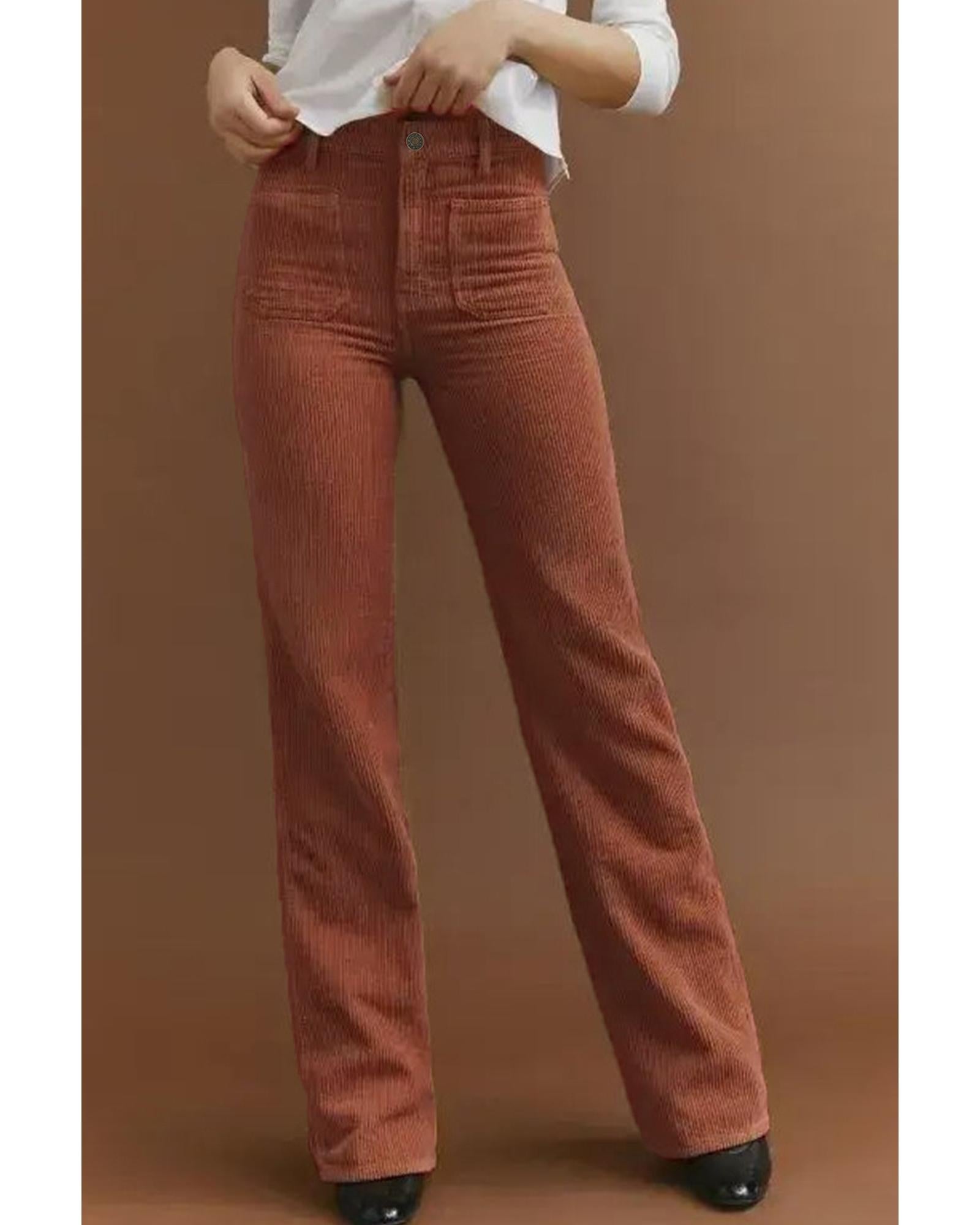 Brown High Waist Square Pockets Corduroy Pants - XL 3