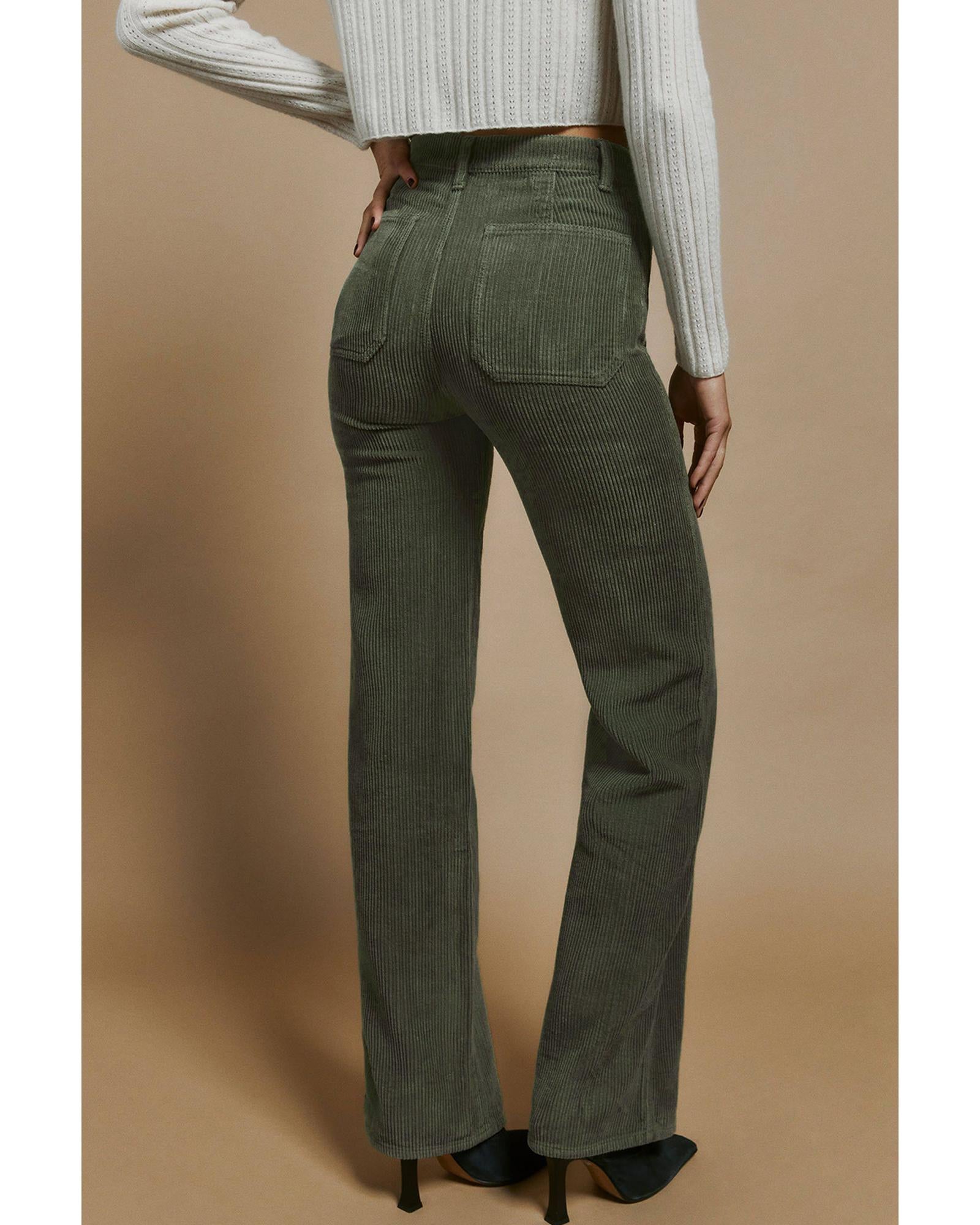 Azura Exchange Green High Waist Square Pockets Corduroy Pants - L