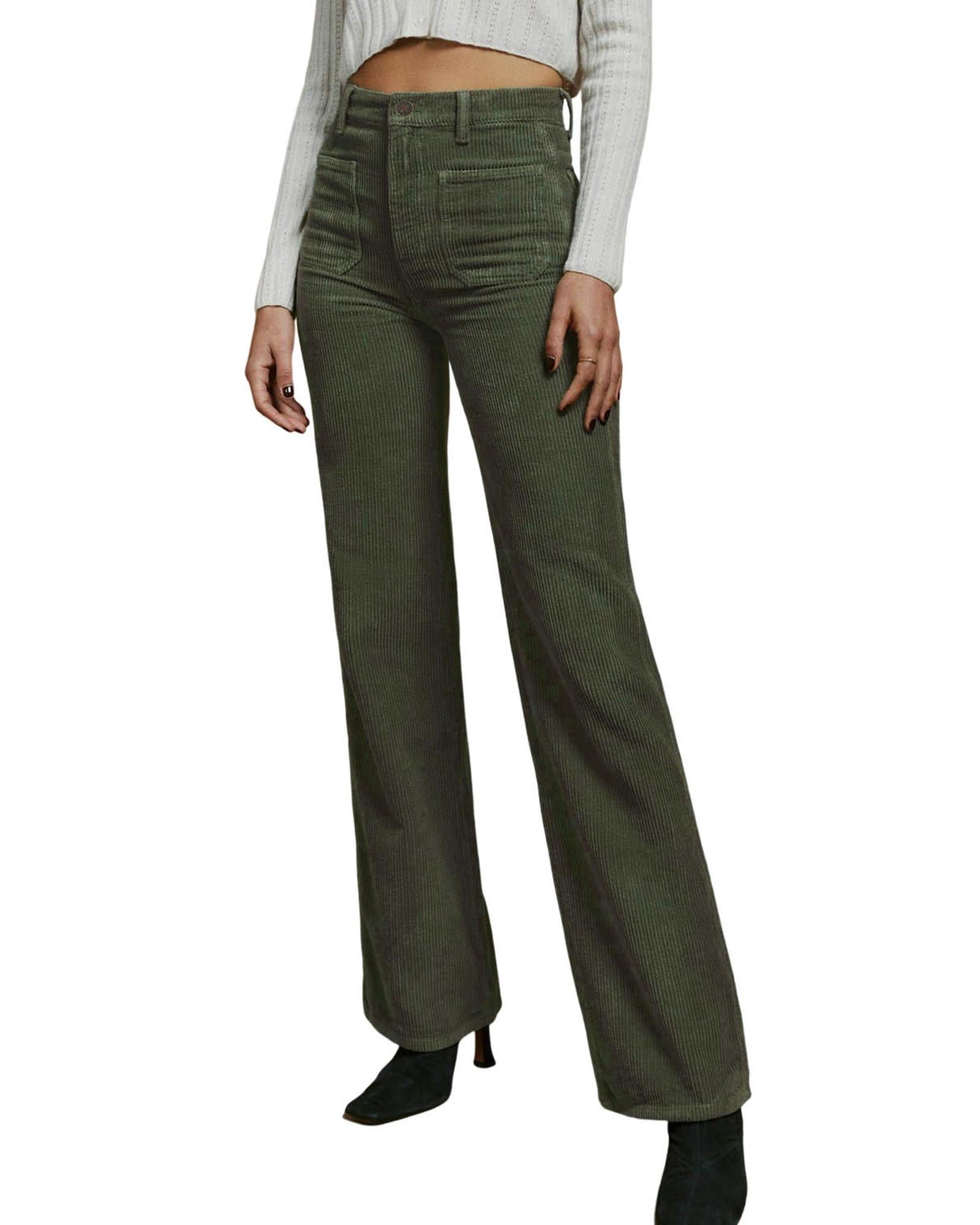 Azura Exchange Green High Waist Square Pockets Corduroy Pants - S 3
