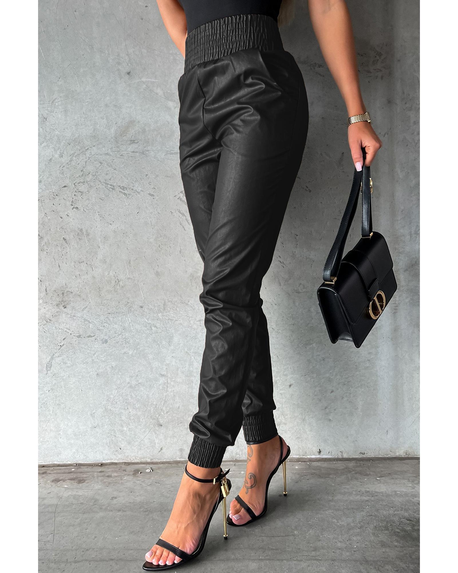 Black Smocked High-Waist Leather Skinny Pants - XL